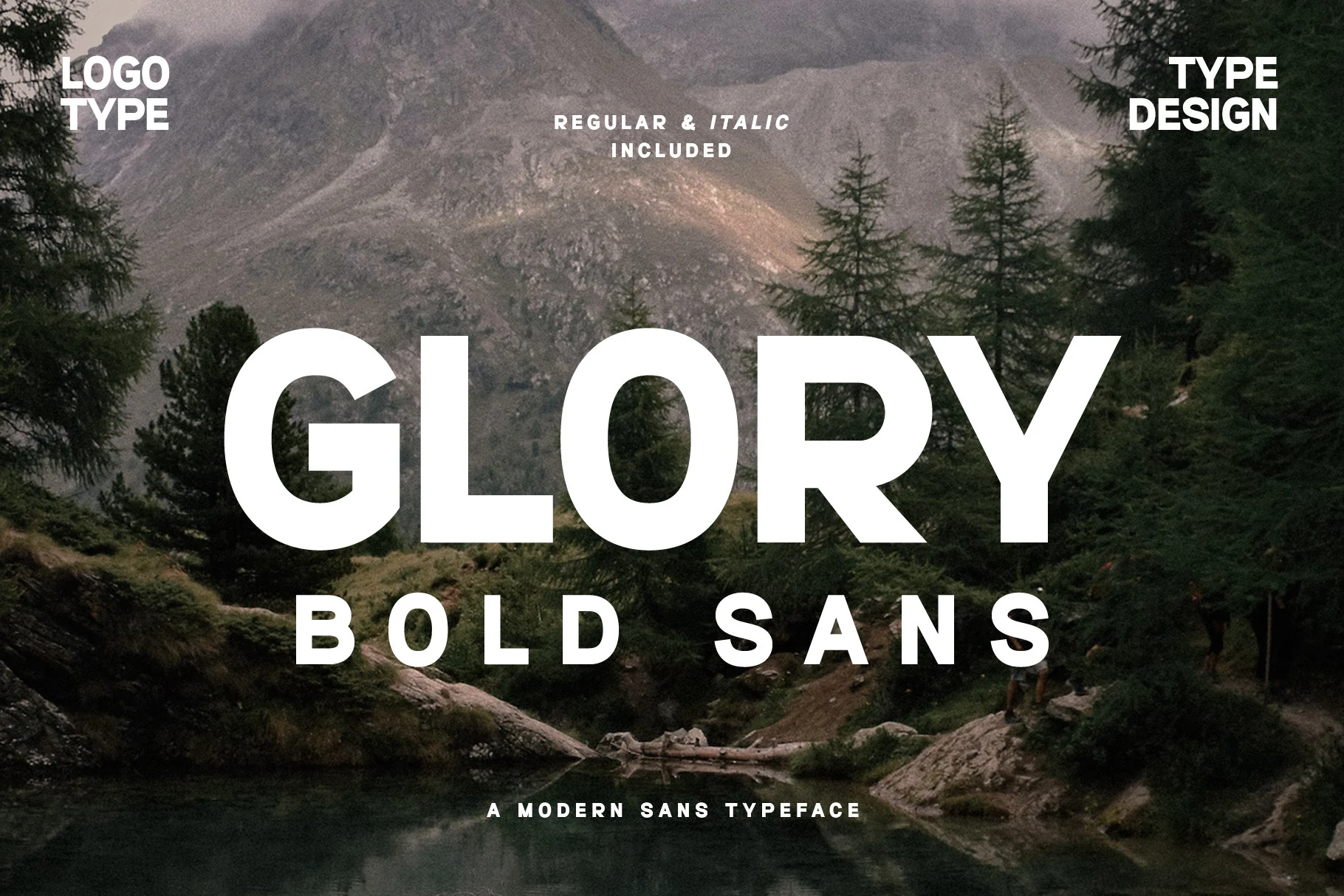 Glory Bold Font preview with large white rounded sans serif lettering for logo design