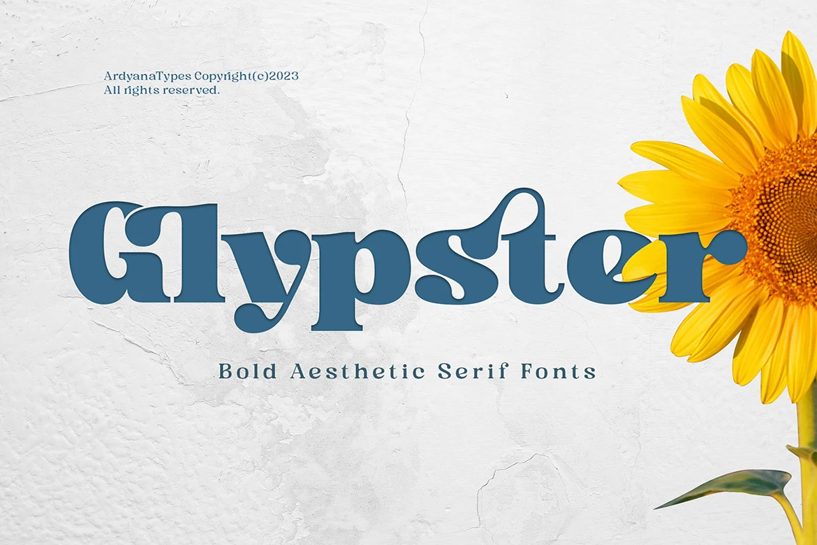 Glypster Font preview with bold blue retro serif lettering and rounded decorative shapes