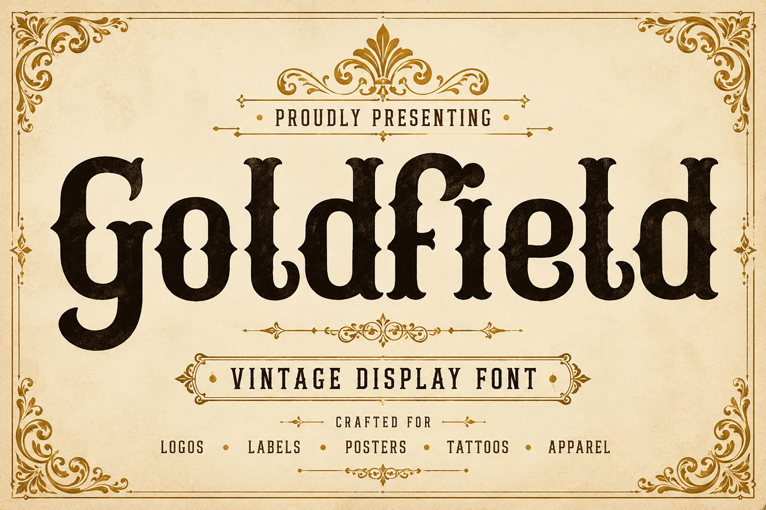 Goldfield Font preview with bold western serif lettering and vintage display styling for logo design