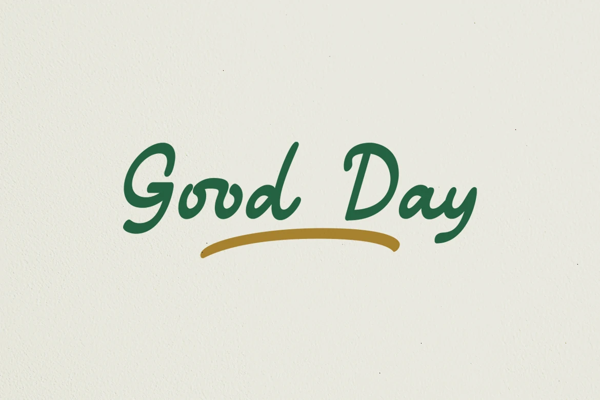 Good Day Script Font preview with green casual script lettering, rounded strokes, and a simple underline