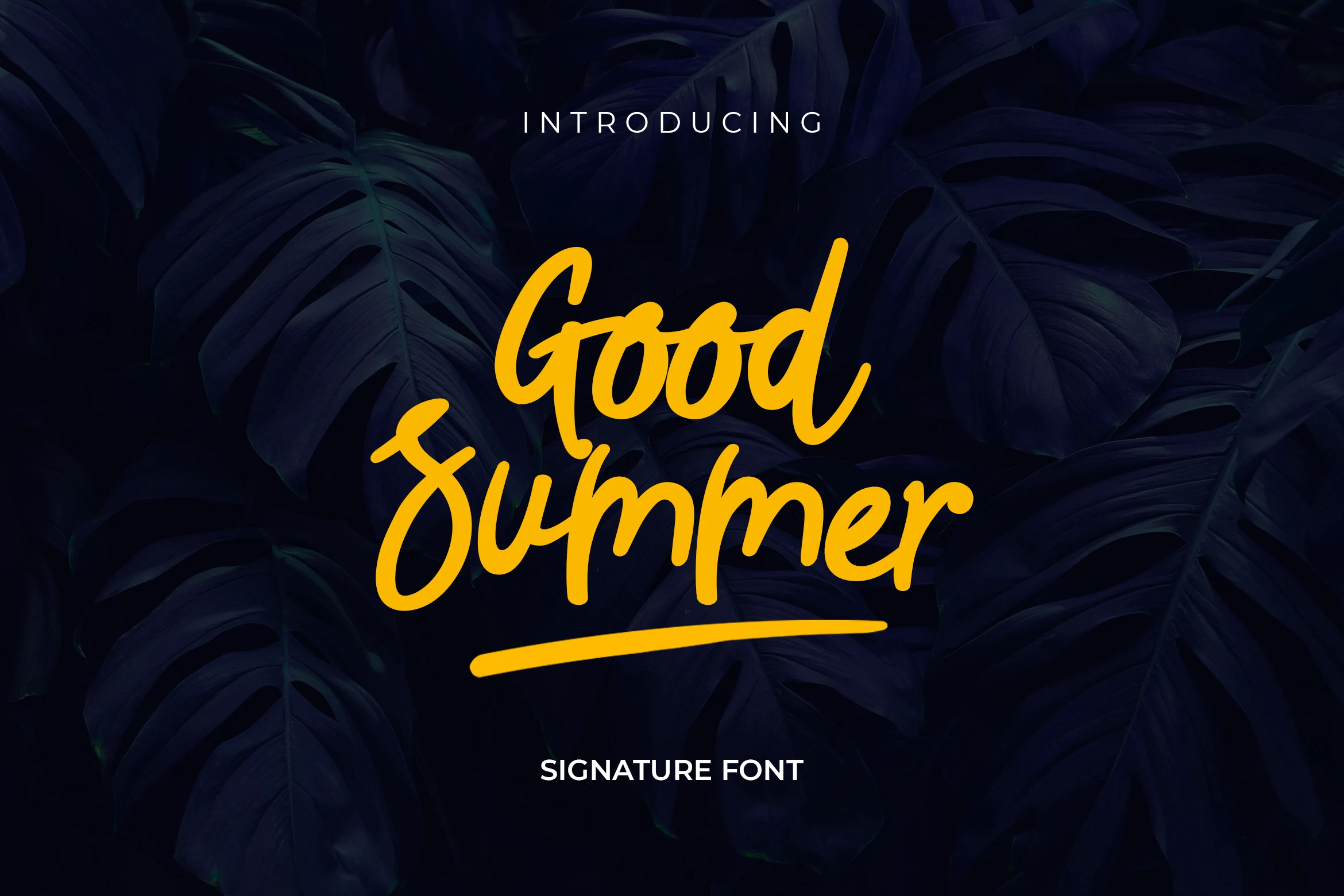 Good Summer Font preview with bold yellow handwritten script and long underline swash