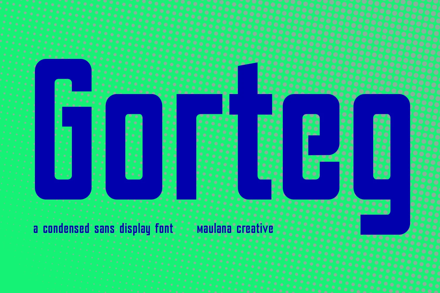 Gorteg Condensed Sans Display Font preview with bold blue condensed sans lettering