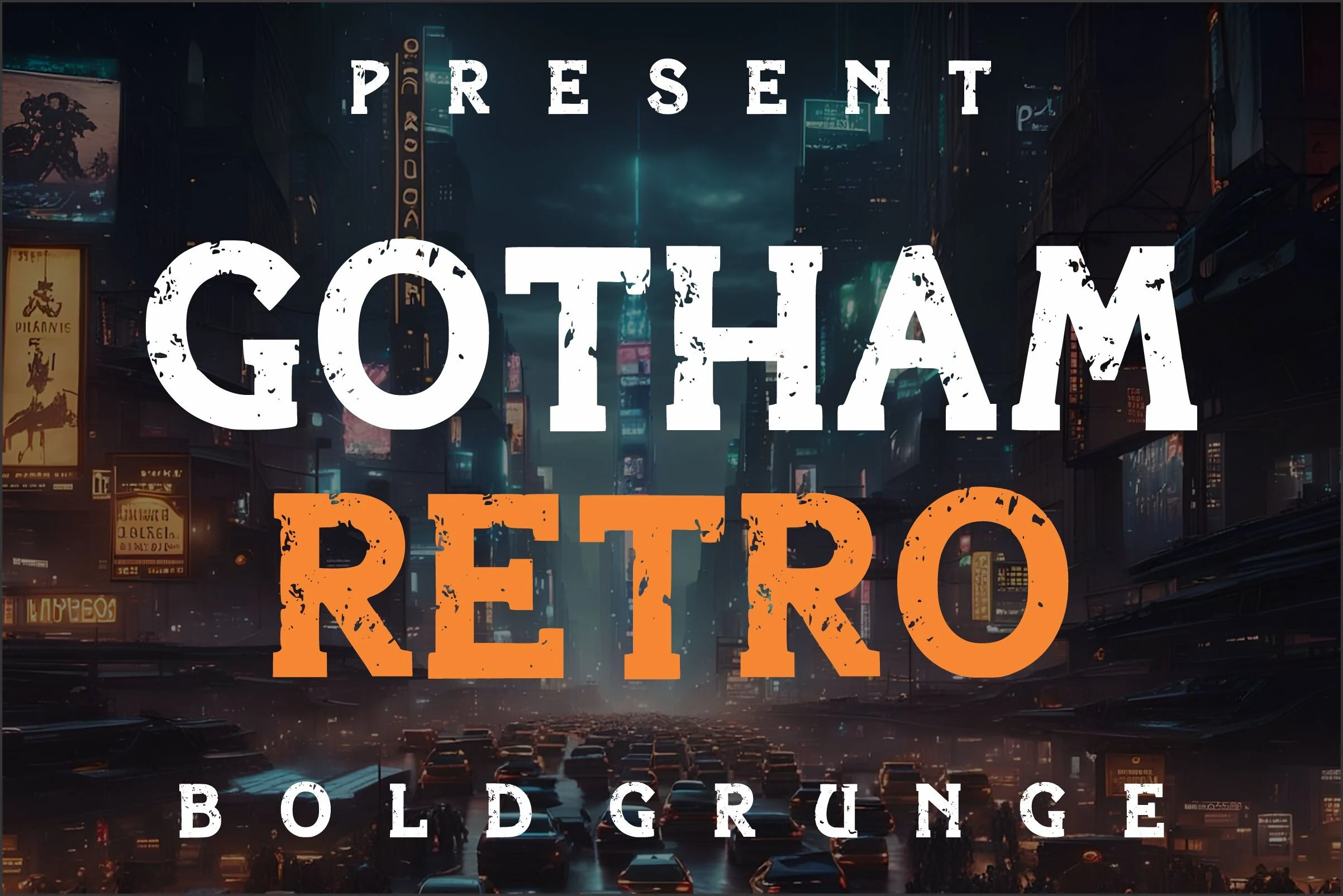 Gotham Retro Font preview with bold distressed slab serif lettering in white and orange