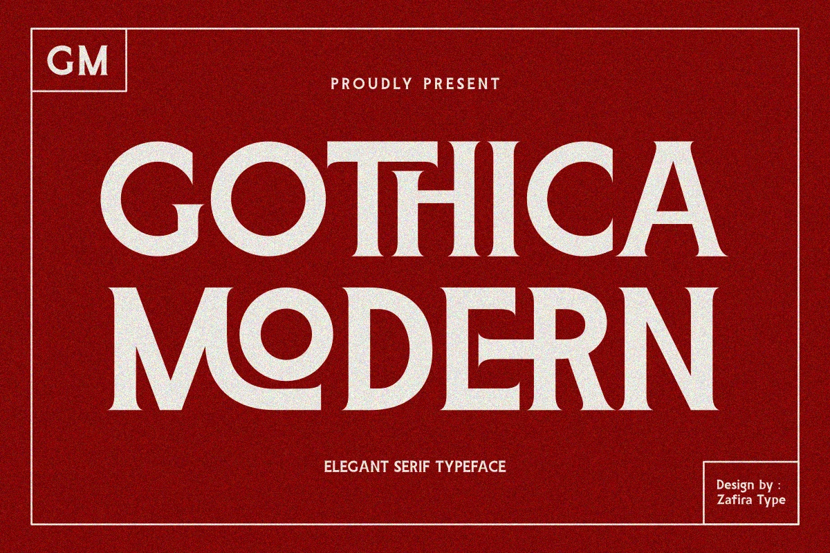Gothica Modern Font preview with bold white serif lettering and sharp high-contrast forms