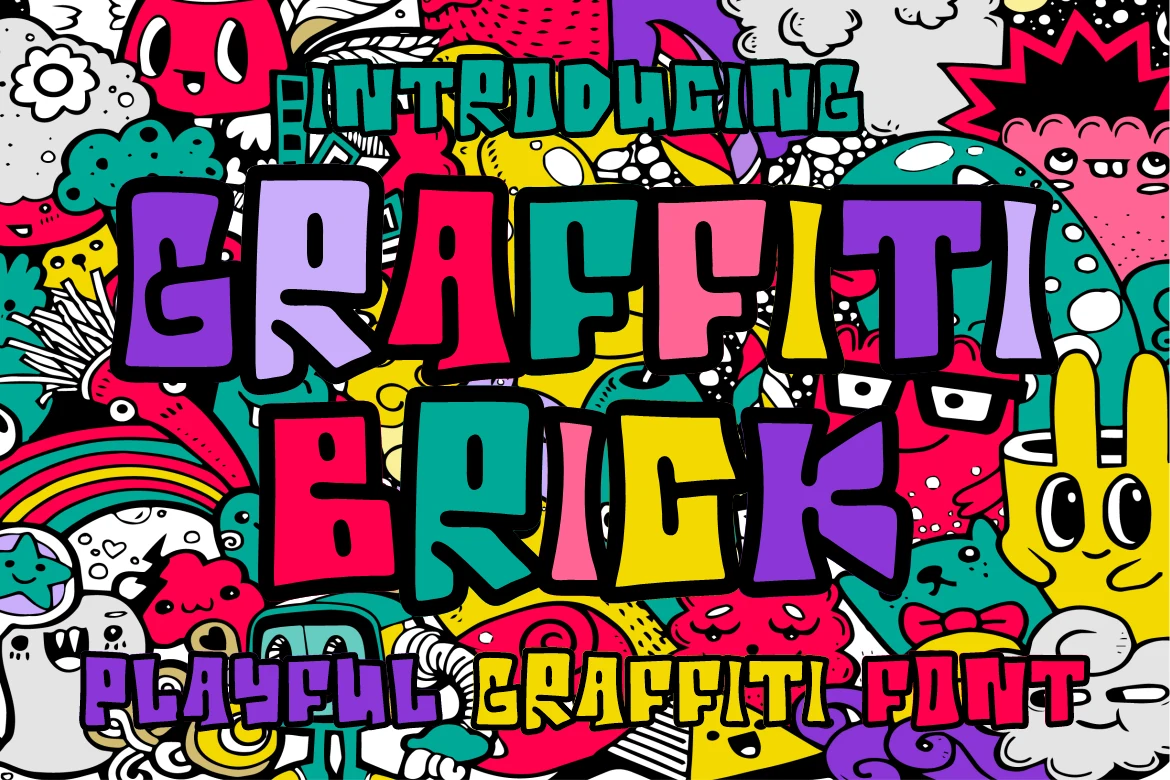 Graffiti Brick Font preview with chunky multicolor graffiti letters and thick black outlines