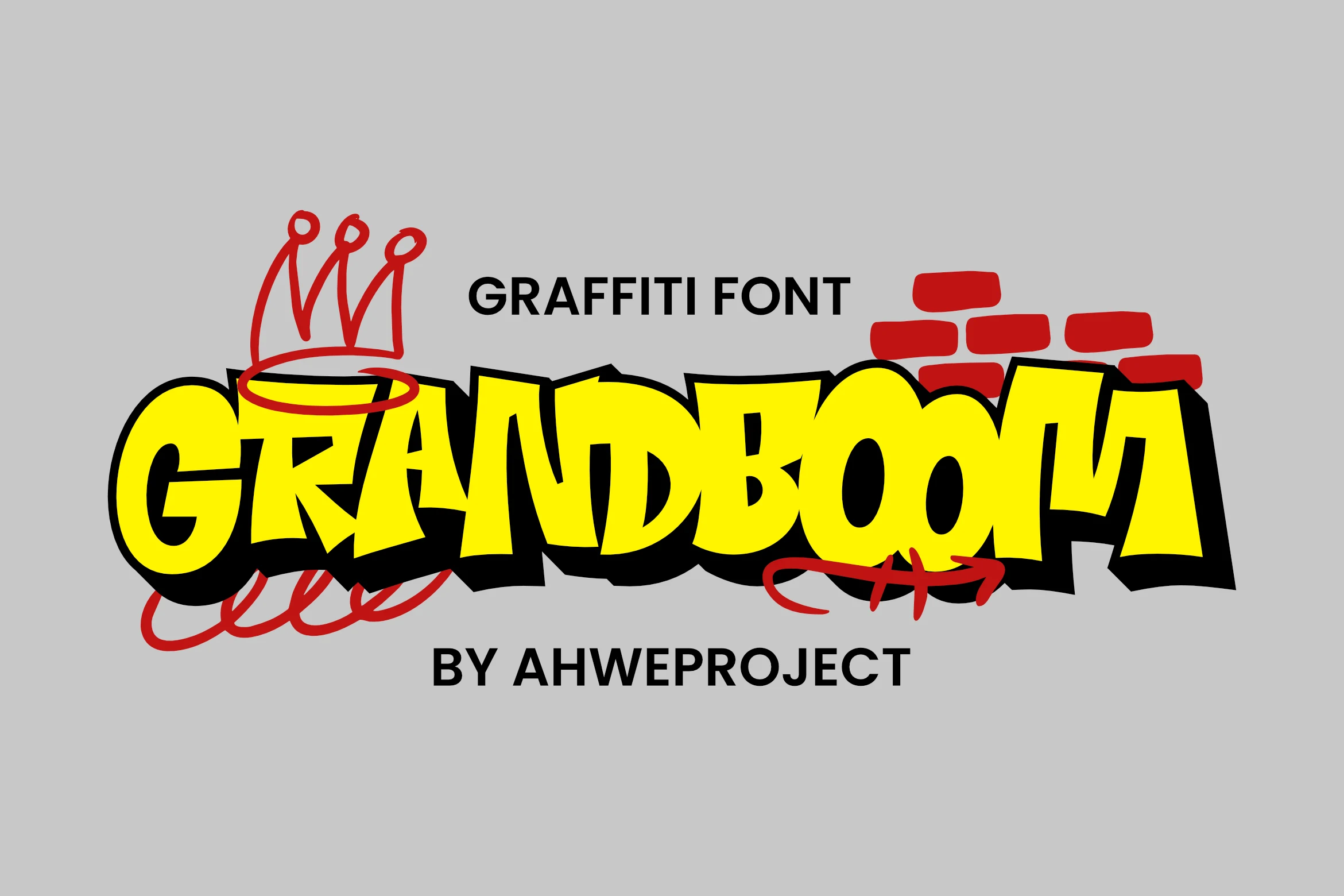 Grandboom Font preview with bold yellow graffiti letters and thick black shadow