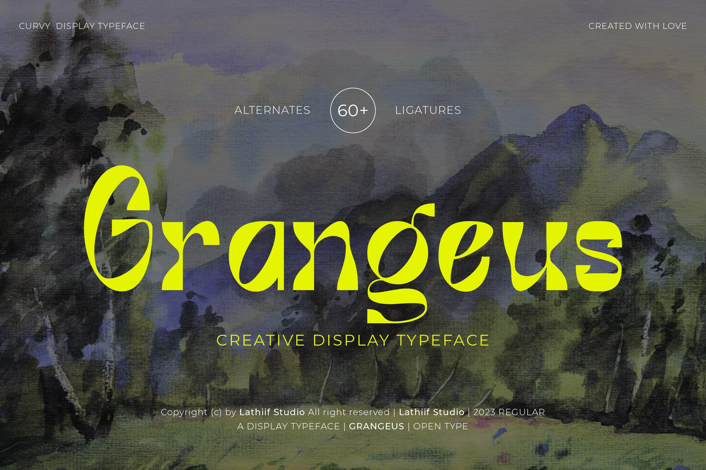 Grangeus - Creative Display Font preview with neon yellow curvy serif lettering