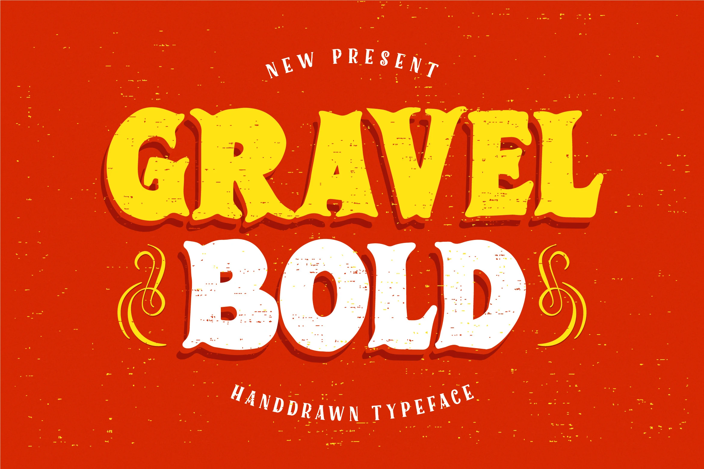 Gravel Bold Font preview with rough yellow and white retro display lettering