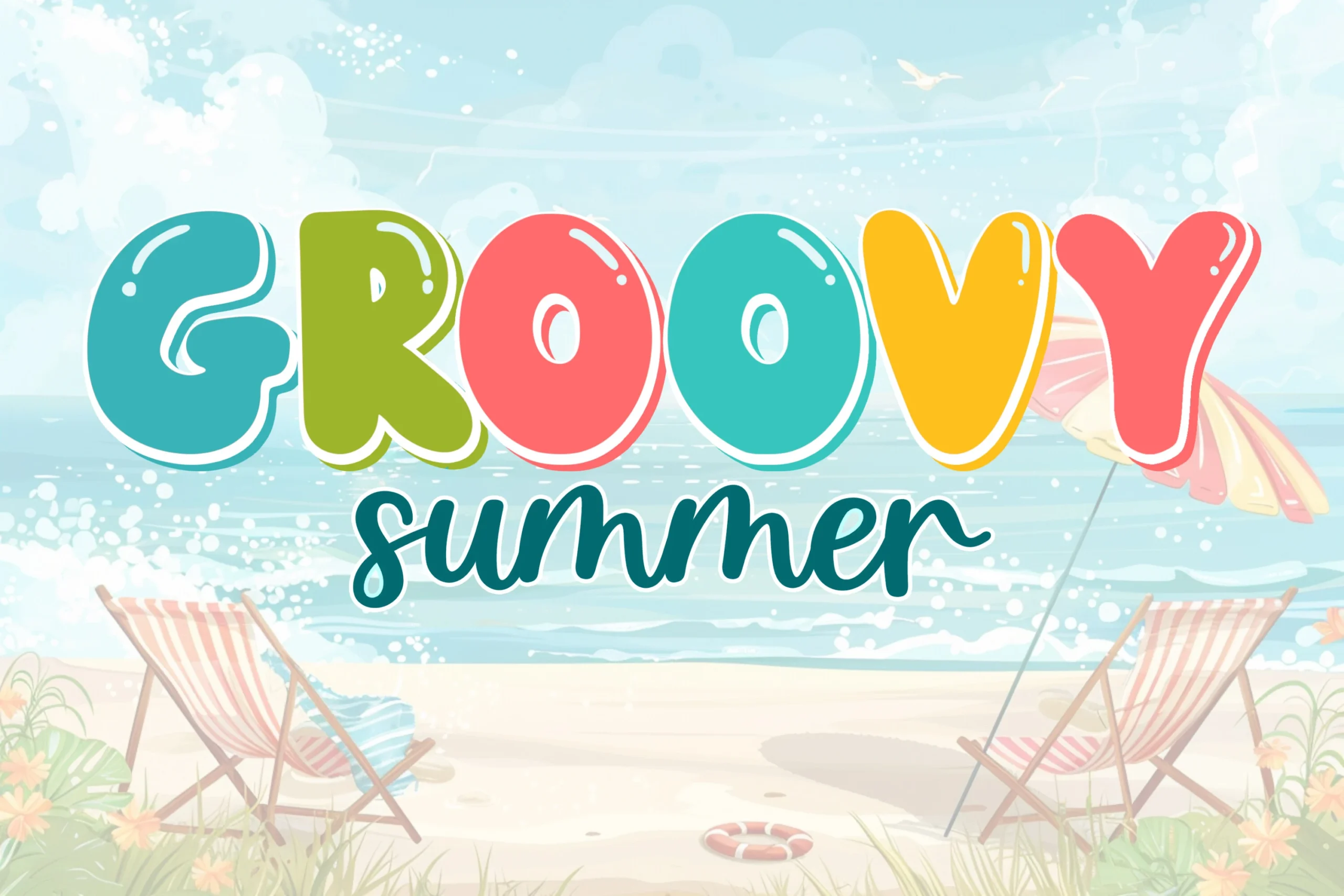 Groovy Summer Font preview with colorful rounded retro letters and glossy bubble shapes on a beach scene
