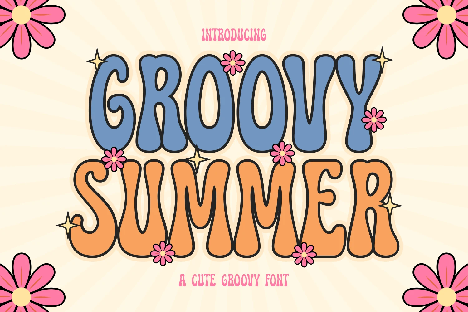 Groovy Summer Font preview with colorful rounded bubble letters, glossy highlights, and casual script lettering