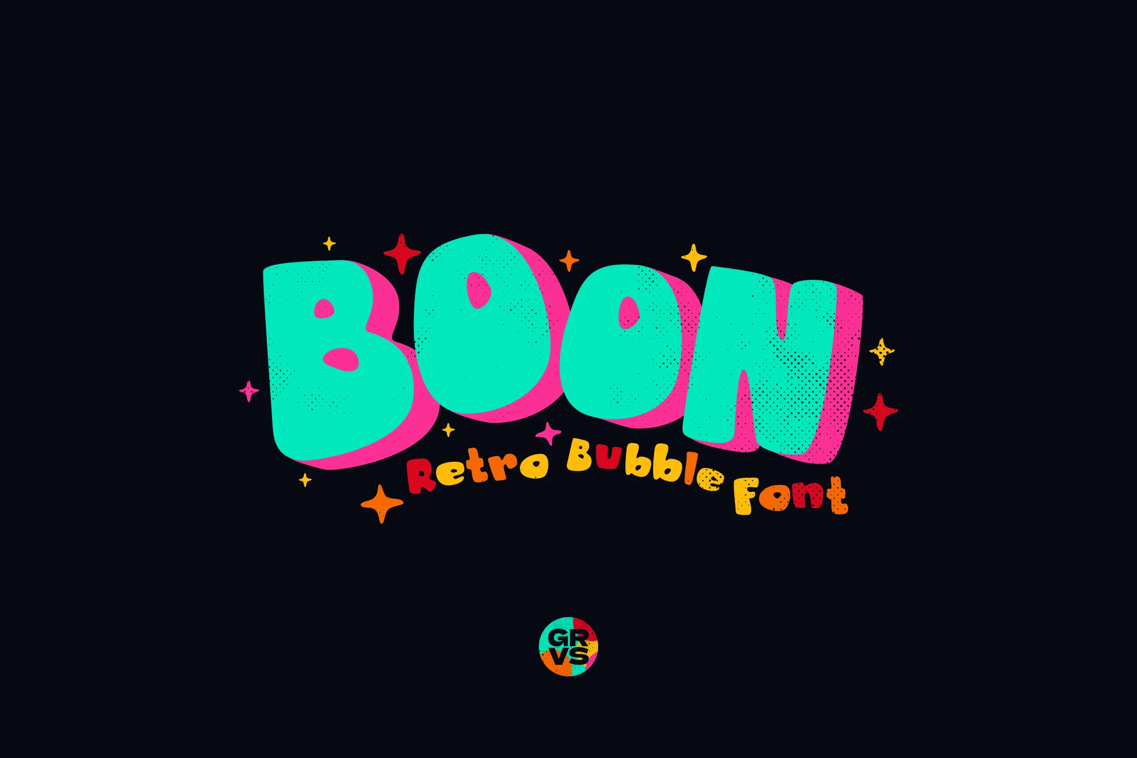 Grvs Boon Retro Bubble Display Font preview with chunky turquoise bubble letters, pink shadow, and speckled texture