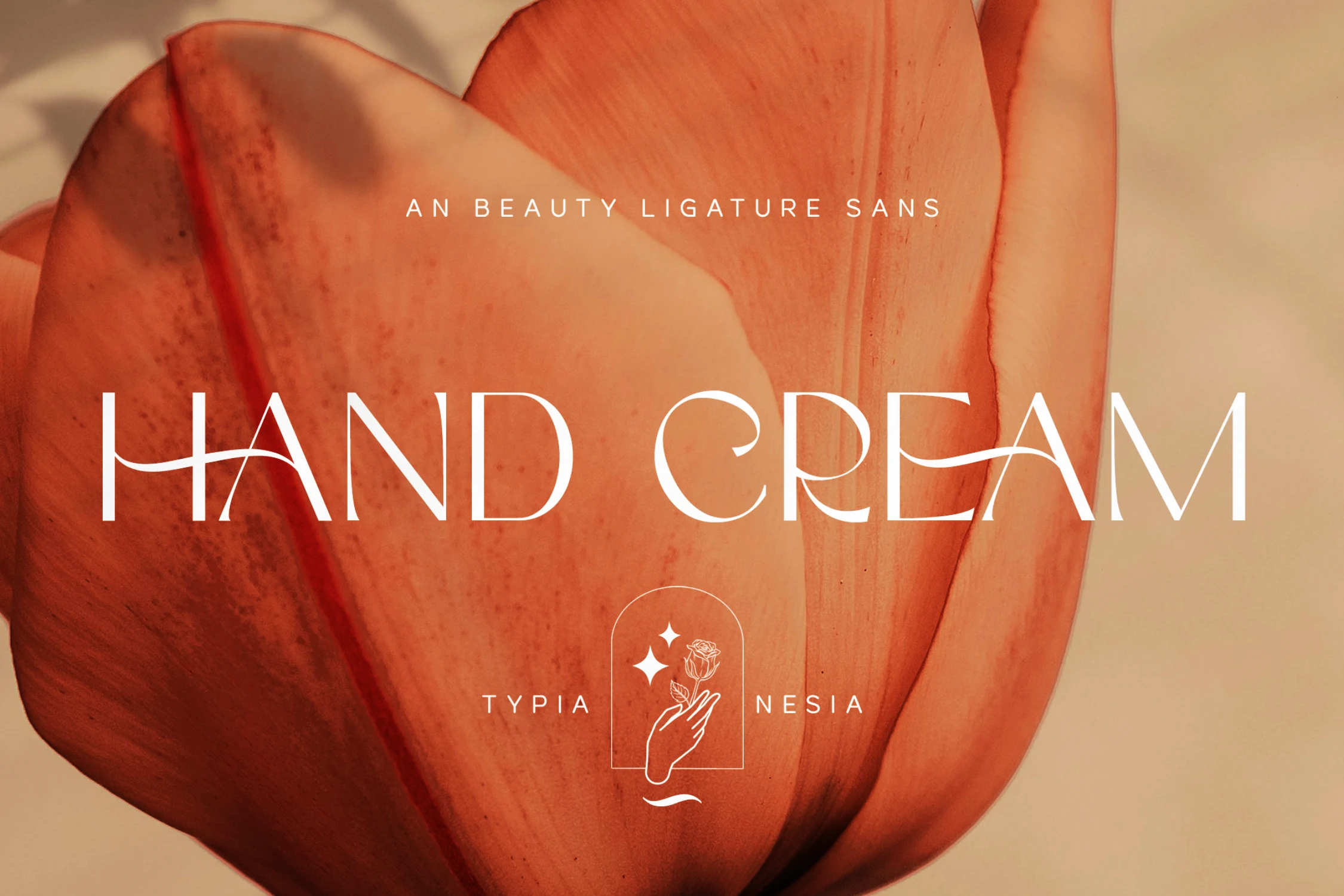 Hand Cream Font preview with elegant thin uppercase lettering and curved ligature-style strokes