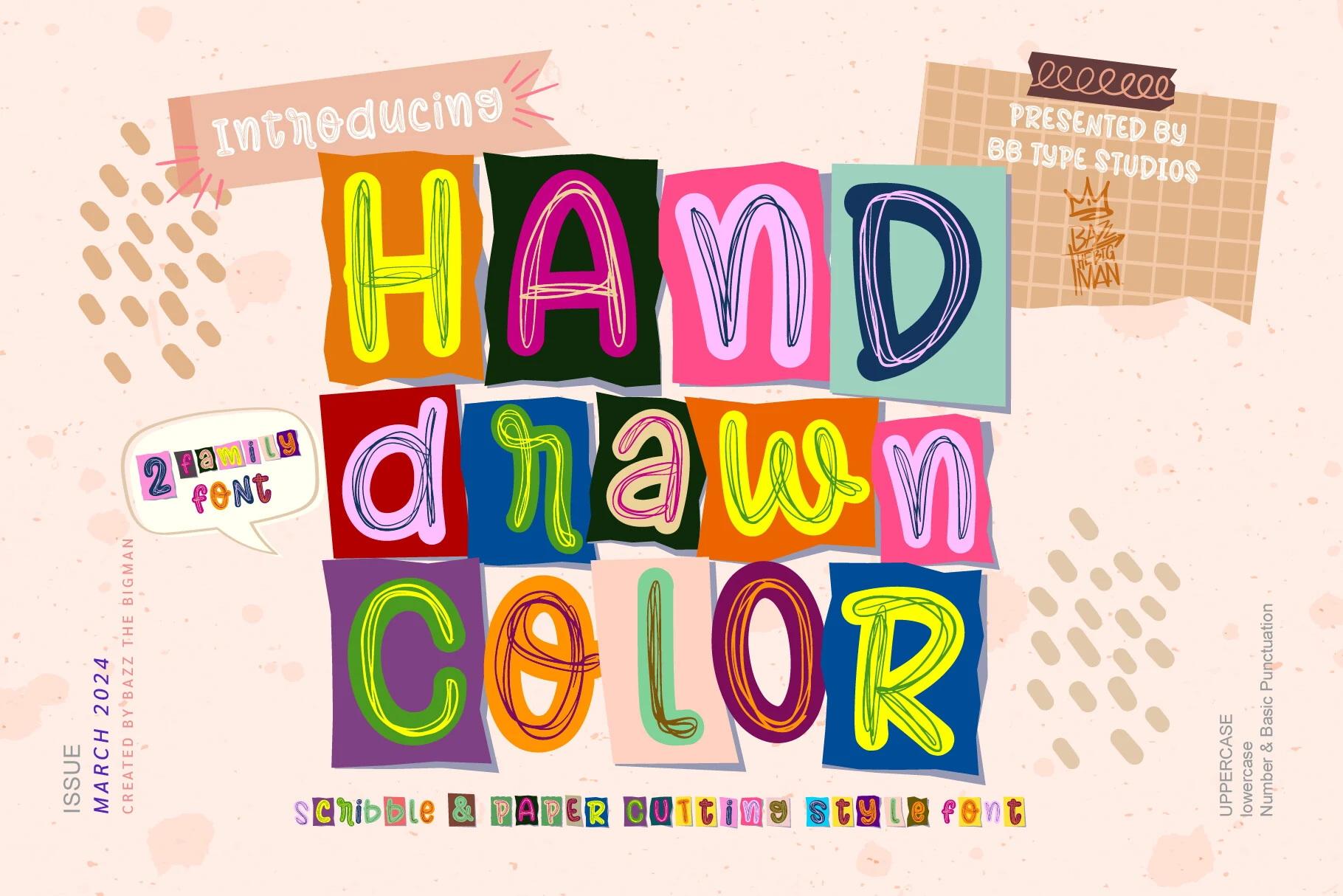 Hand Drawn Color Font preview with colorful paper-cut letters and scribbled hand-drawn outlines
