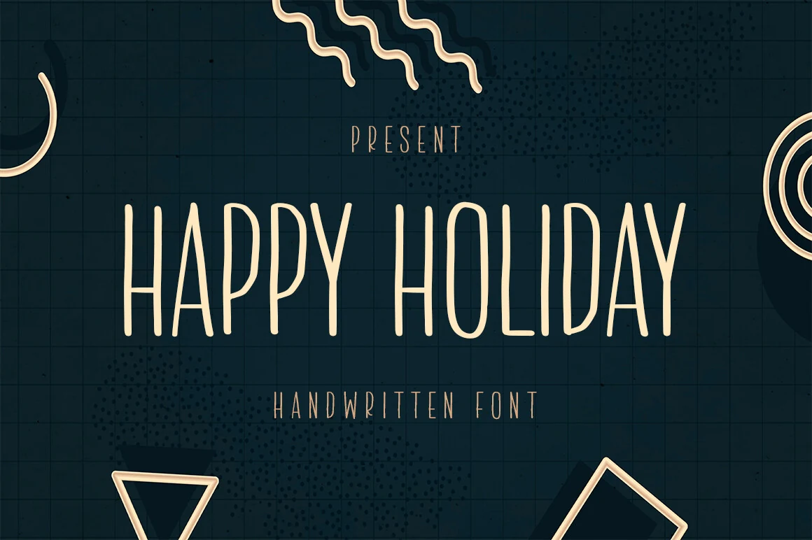 Happy Holiday Font preview with tall slender handwritten uppercase lettering and rounded strokes