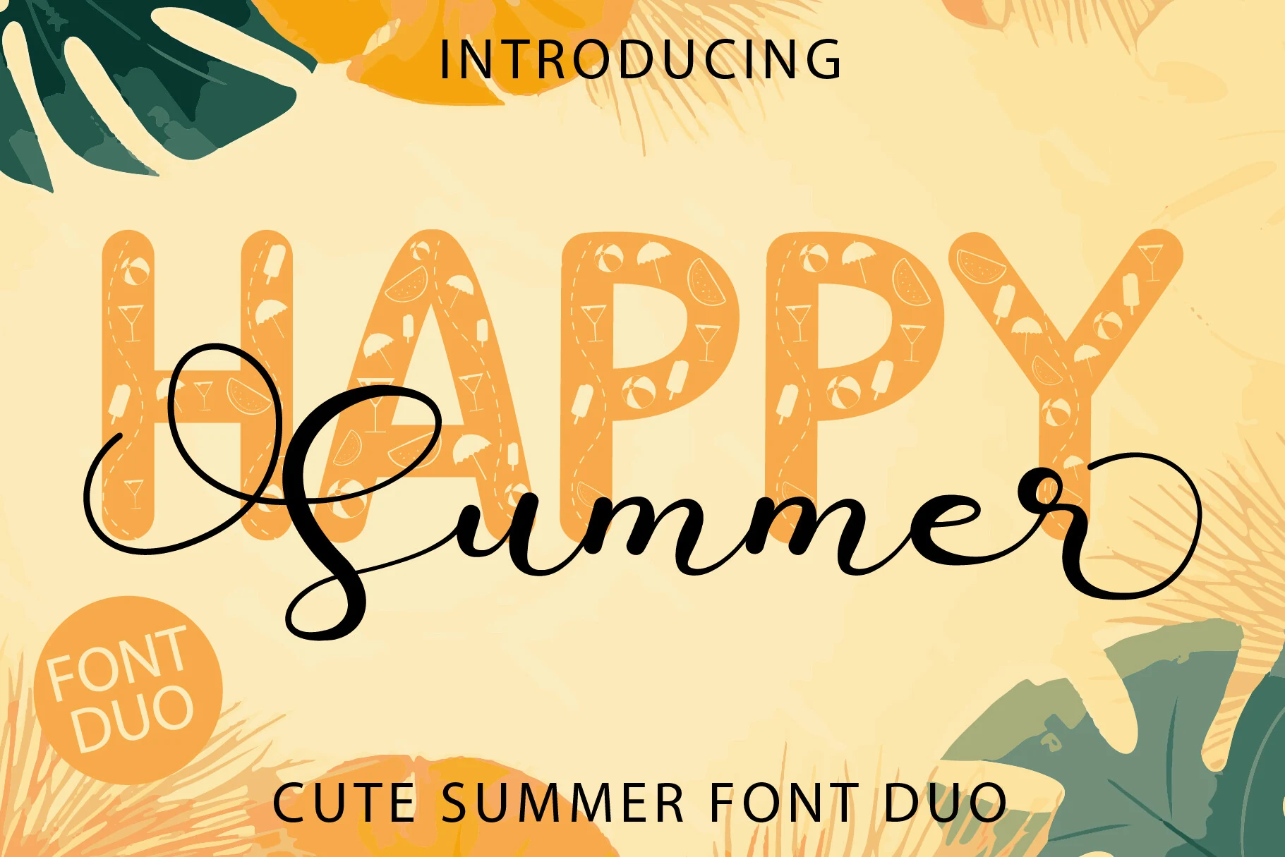 Happy Summer Font preview with playful orange display letters, tiny summer icons, and a black swashy script