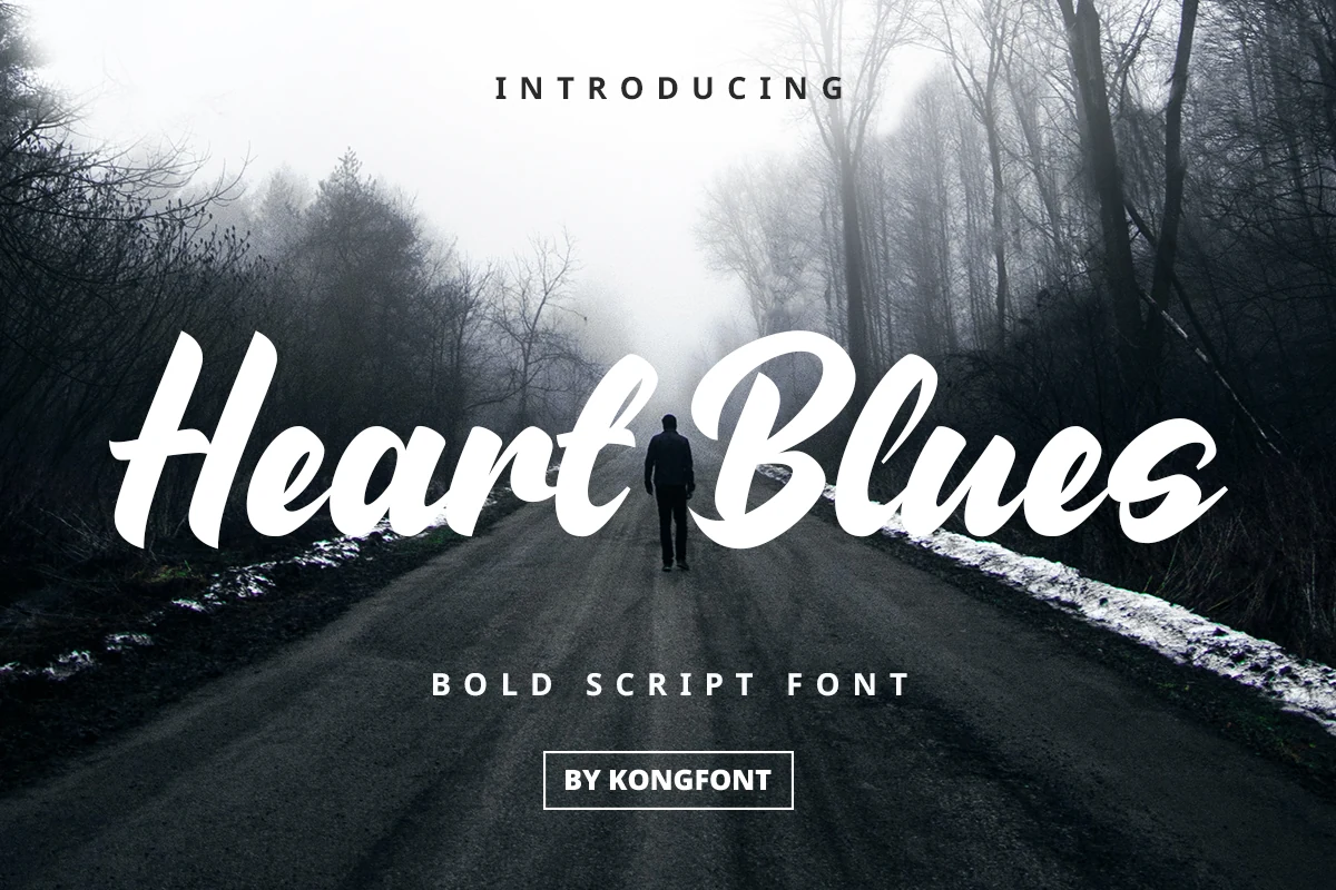 Heart Blues Font preview in bold white brush script with rounded handwritten letters