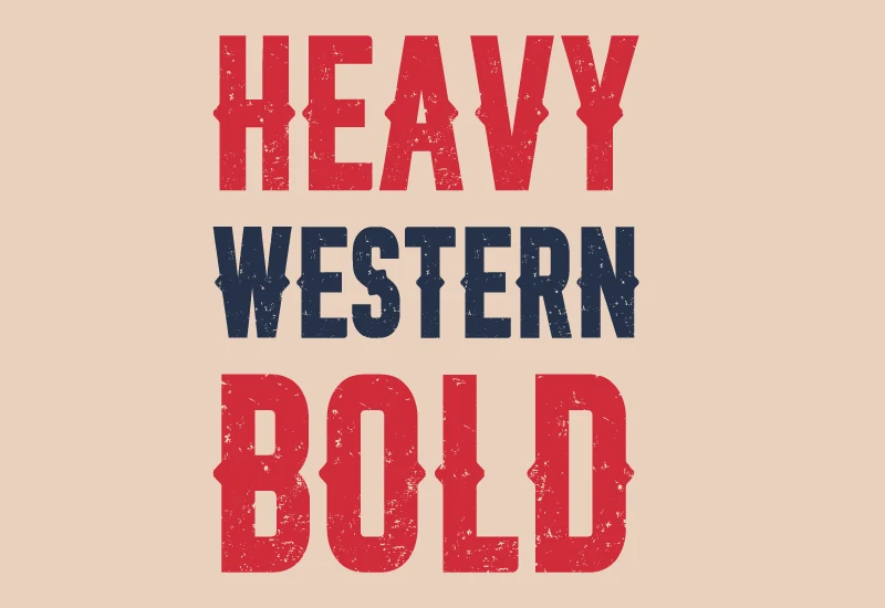 Heavy Western Bold Font preview with distressed red and navy western block lettering