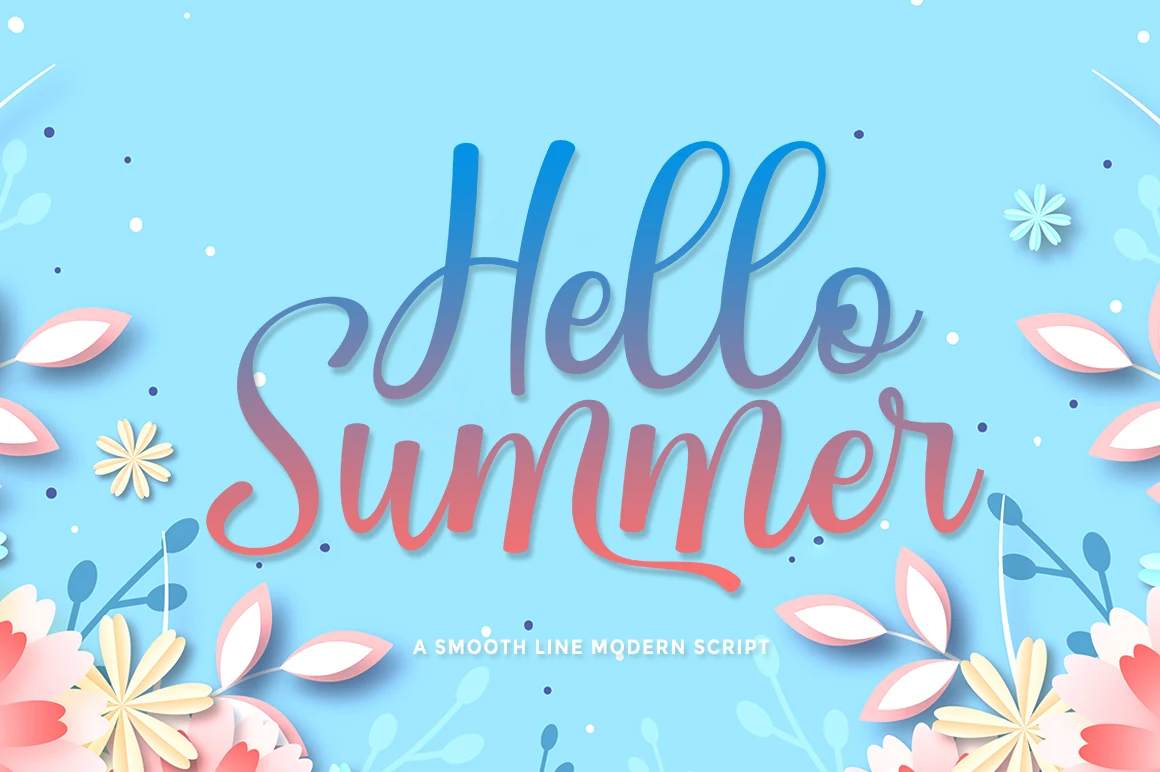 Hello Summer Font preview with smooth blue-to-coral script lettering and flowing swashes