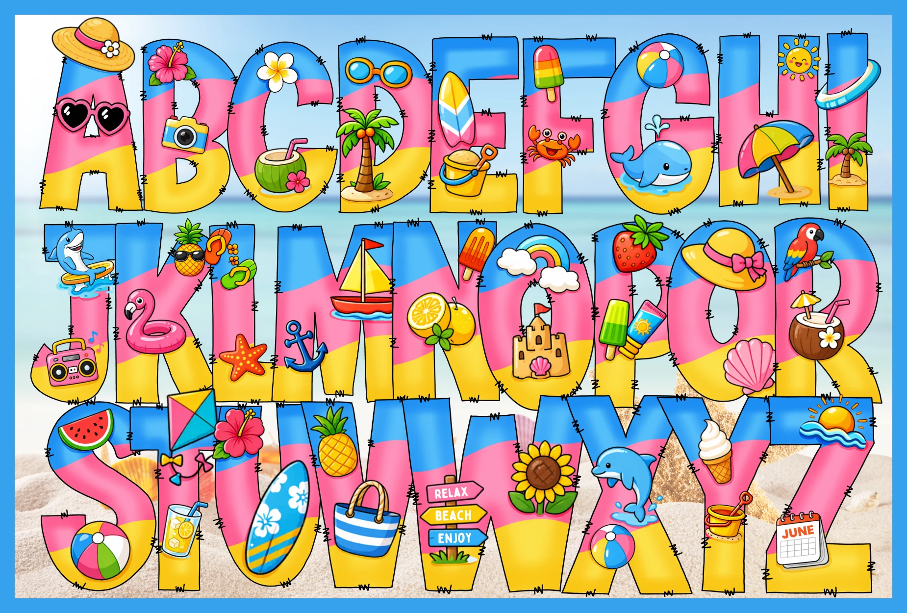 Hi Summer Font preview with colorful uppercase beach letters, stitched edges, and tropical clipart