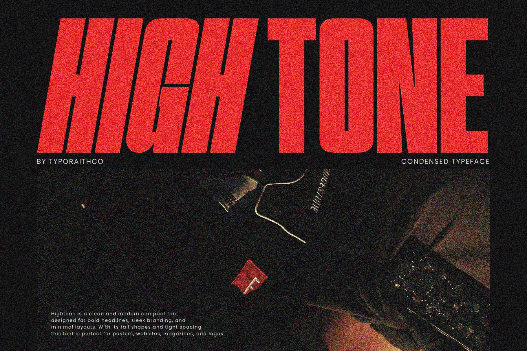 Hightone Font preview with bold condensed red display lettering