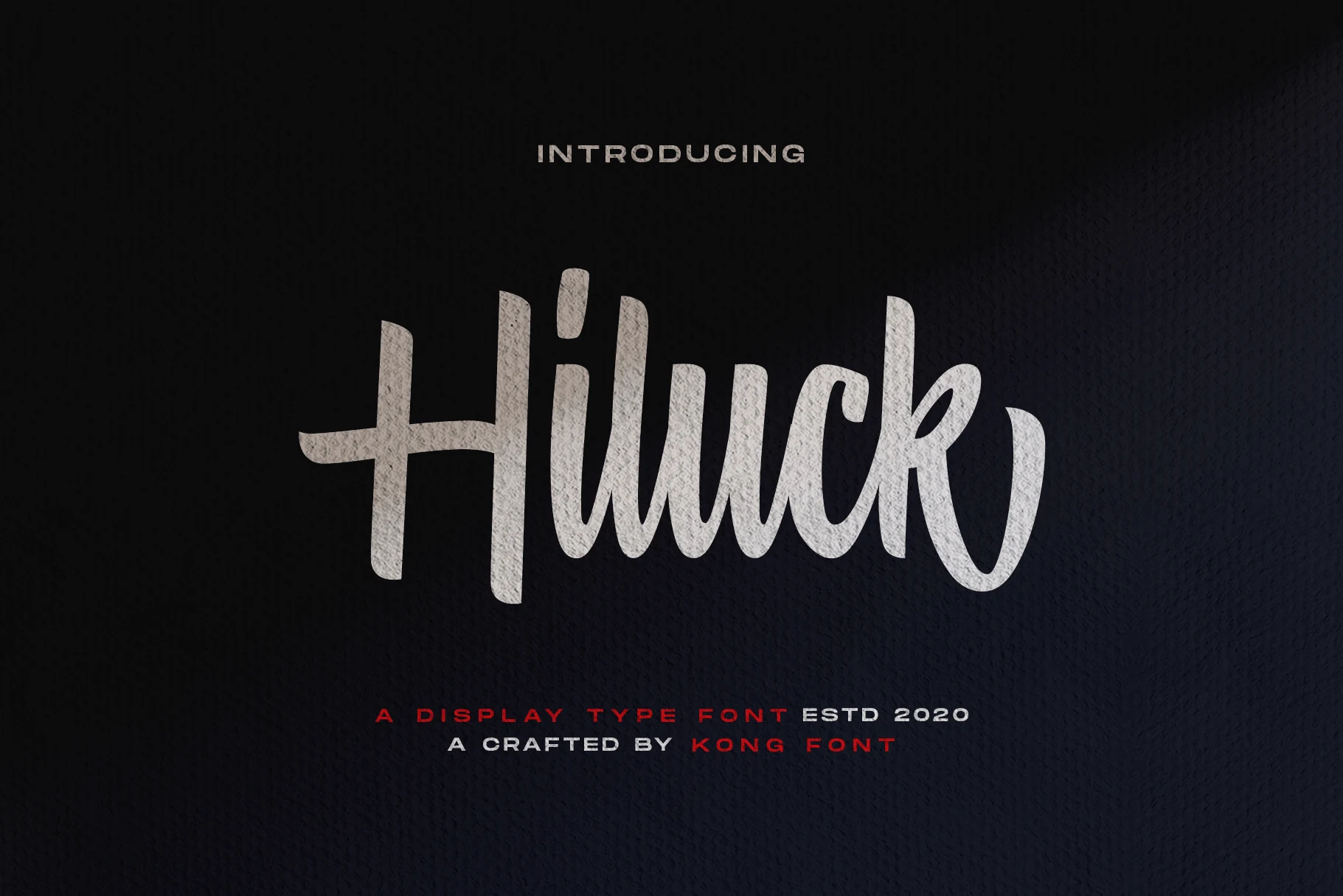 Hiluck Font preview in tall rounded white handwritten lettering on a dark textured background