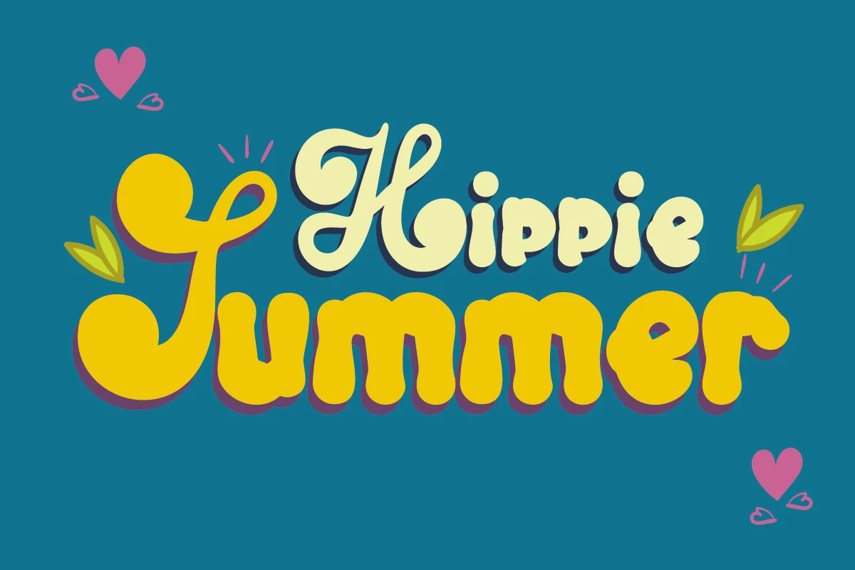 Hippie Summer Font preview with chunky yellow retro letters, cream script, and pink shadowing