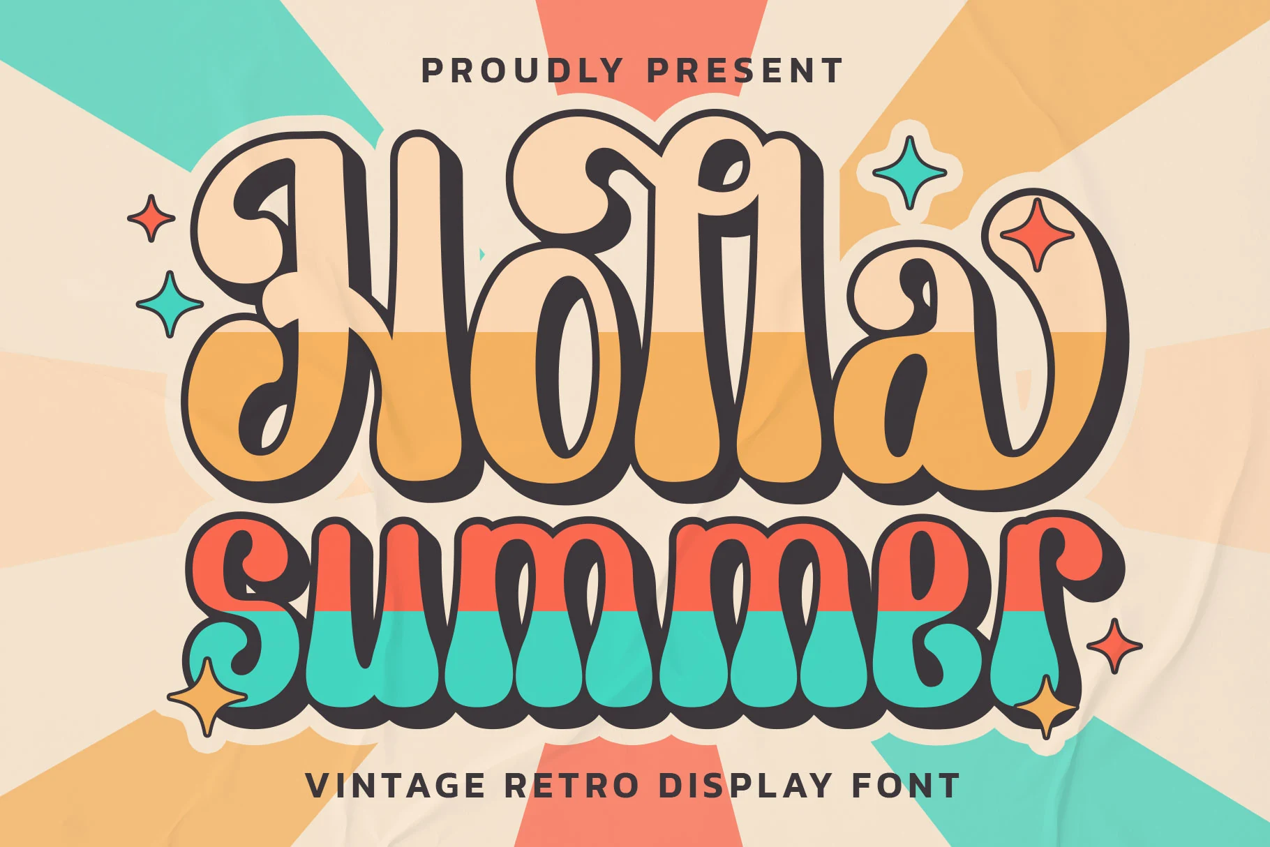 Holla Summer Font preview with vintage swash lettering, thick dark outline, and retro summer colors