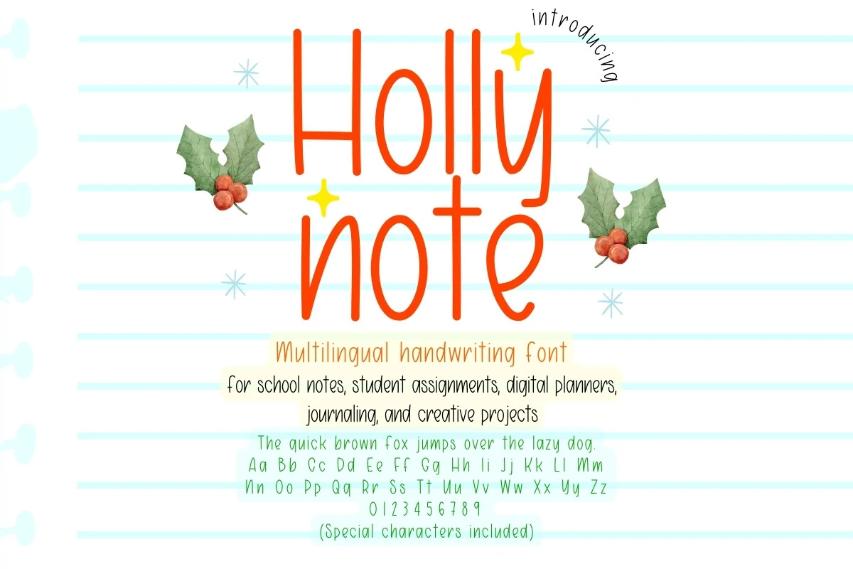 Holly Note Font preview with tall thin orange handwritten lettering and rounded strokes