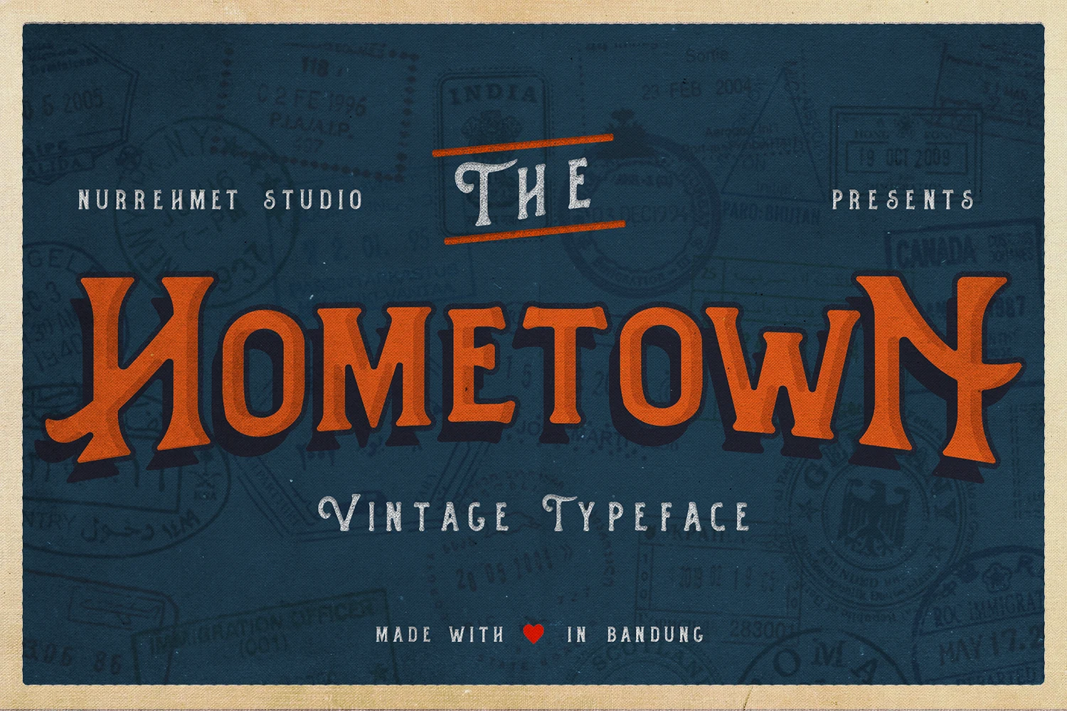 Hometown Font preview with bold orange vintage serif lettering, dark shadow, and a postcard-style layout