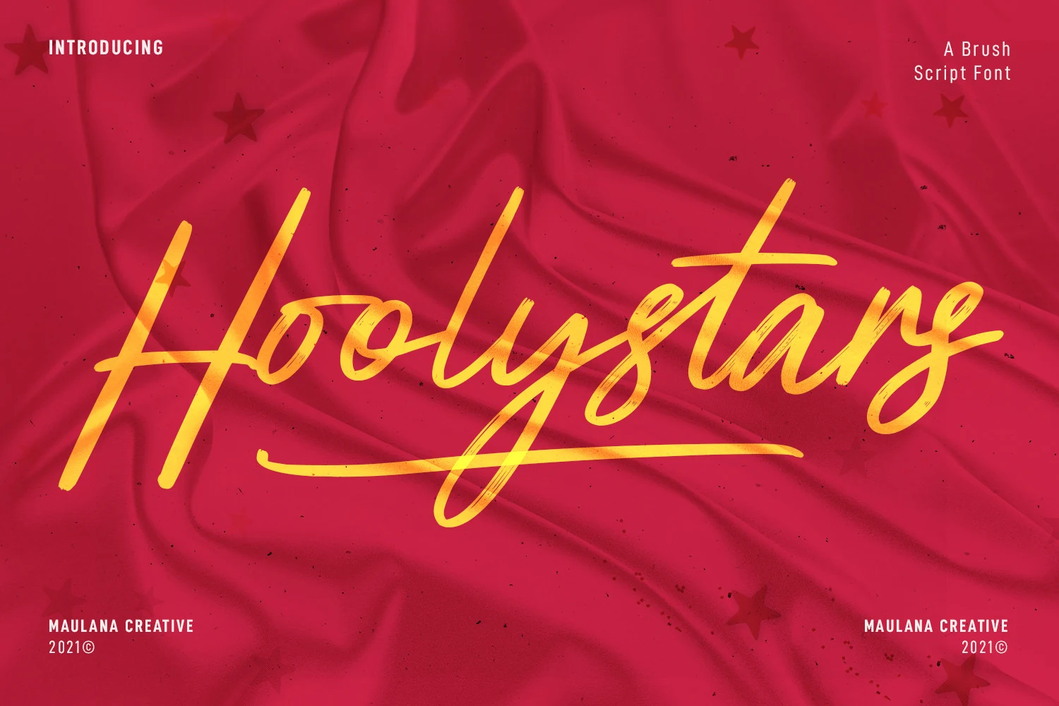 Hoolystars Script Font preview with yellow slanted brush script lettering, textured strokes, and a long underline swash