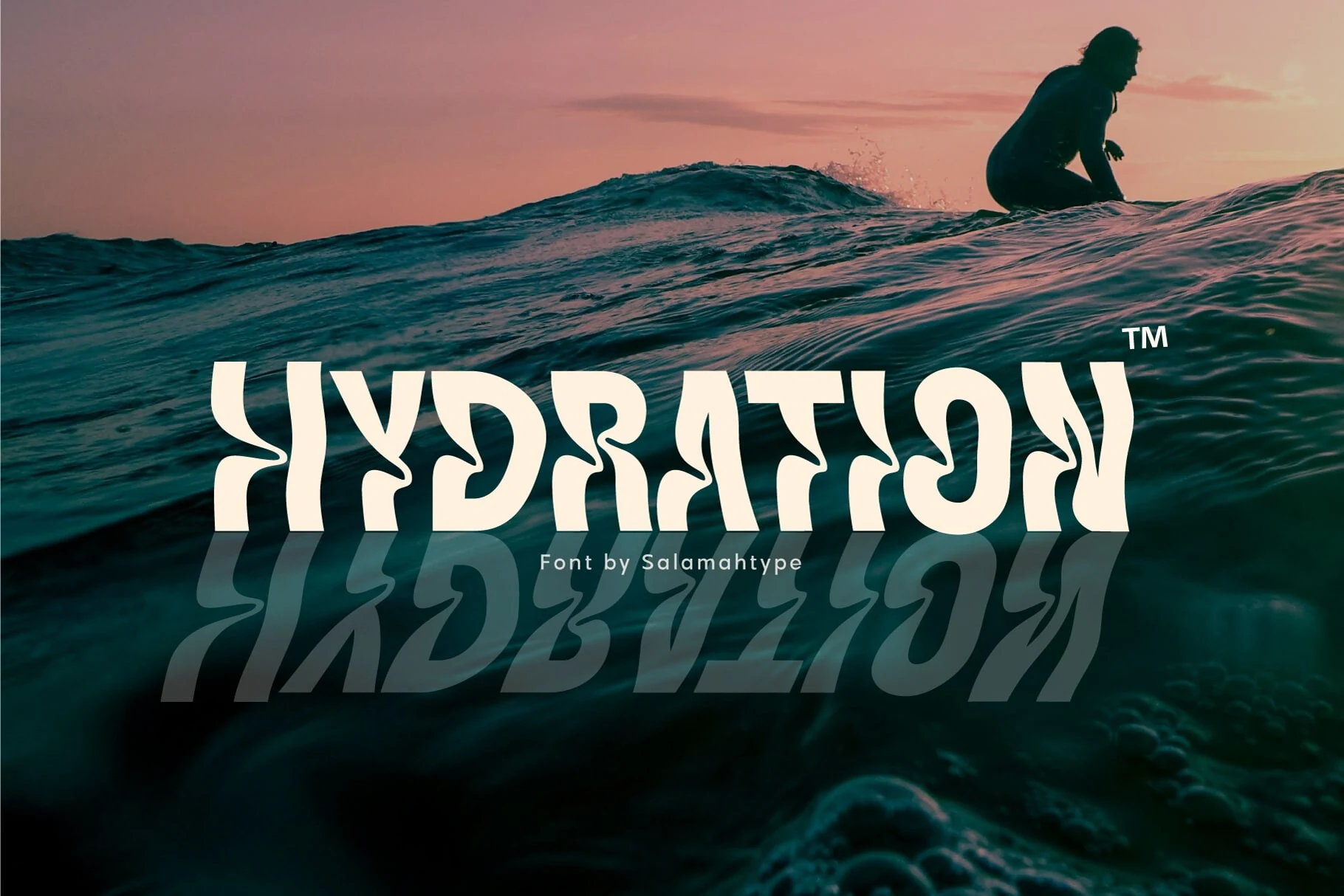 Hydration Font preview with cream wavy display lettering over an ocean sunset scene