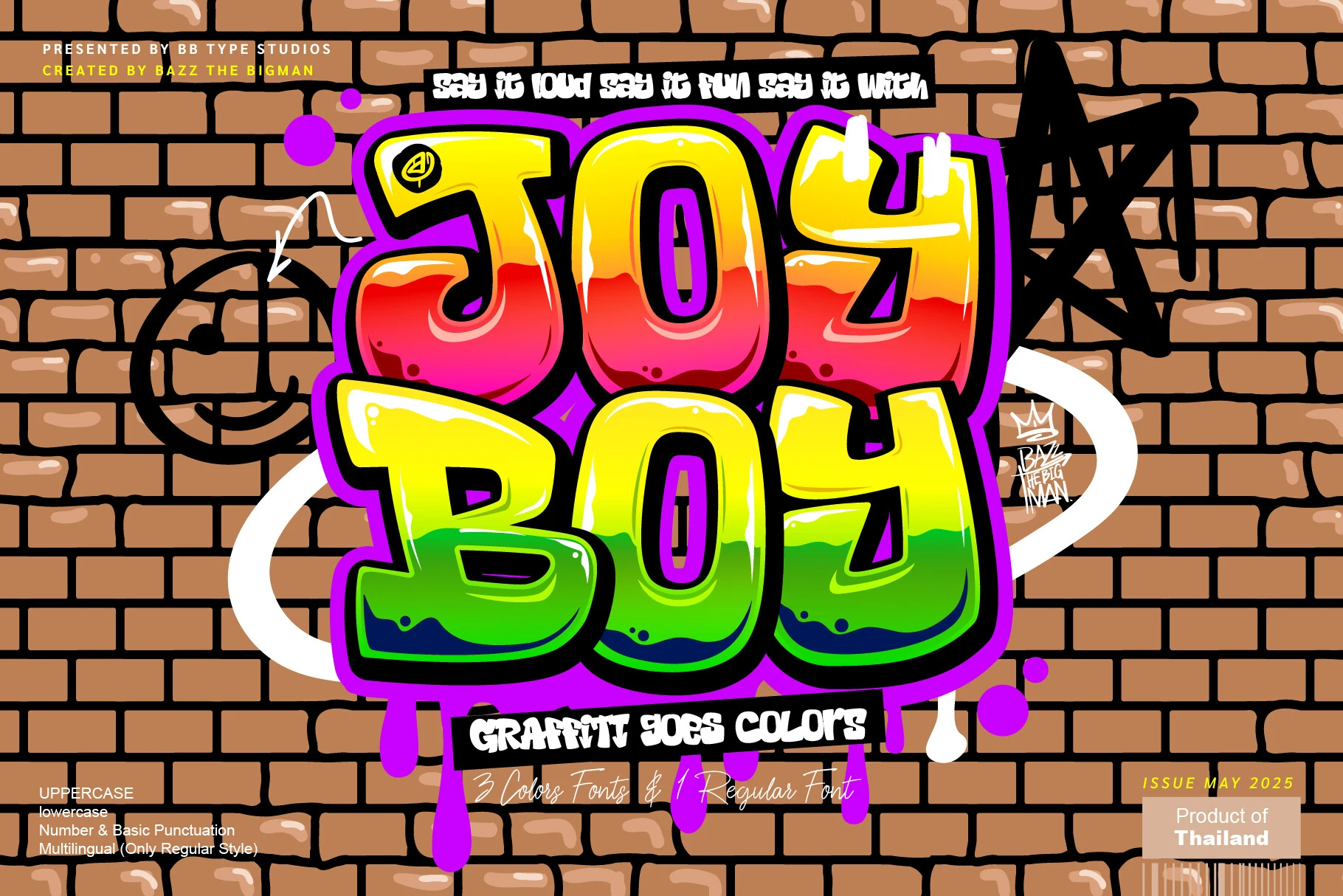 Joy Boy Font preview with glossy graffiti letters, bright gradients, black outlines, and purple drips