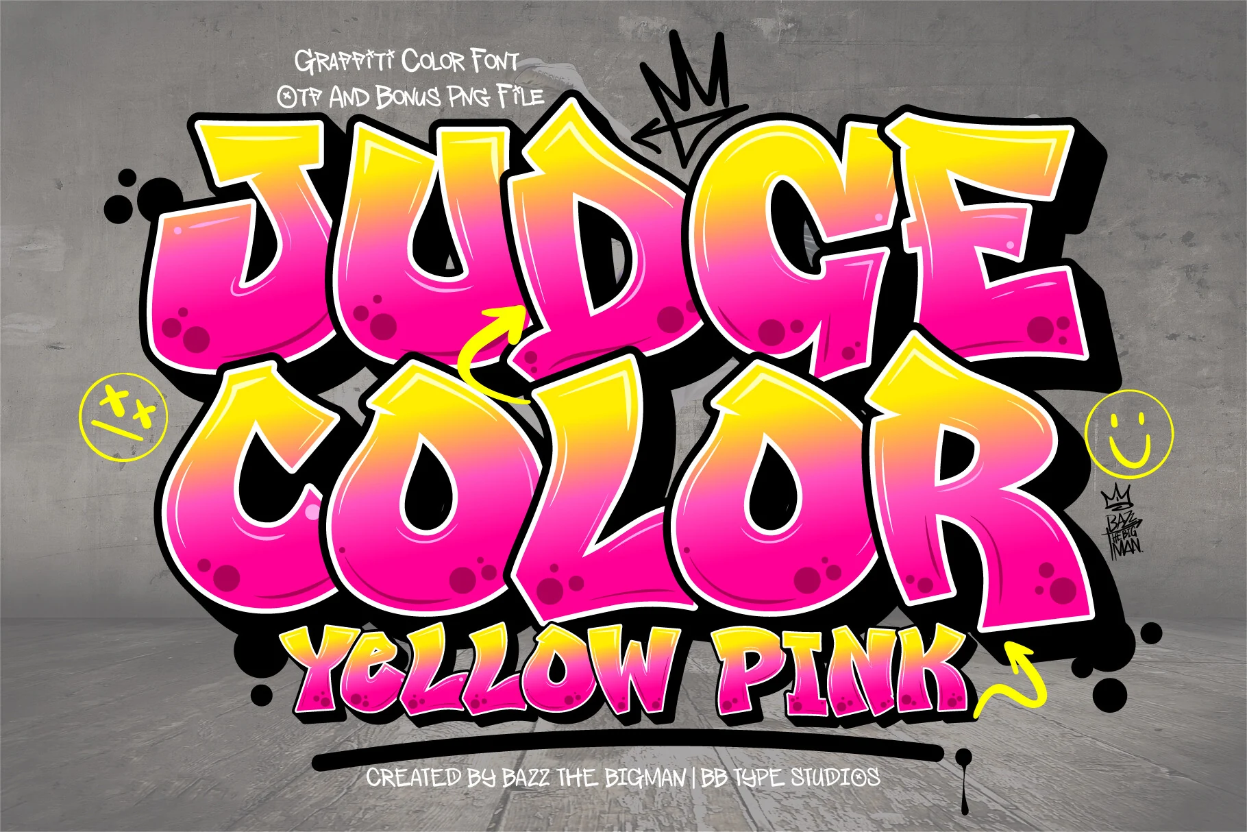 Judge Color Yellow Pink Font preview with graffiti-style yellow-to-pink letters and thick black outline