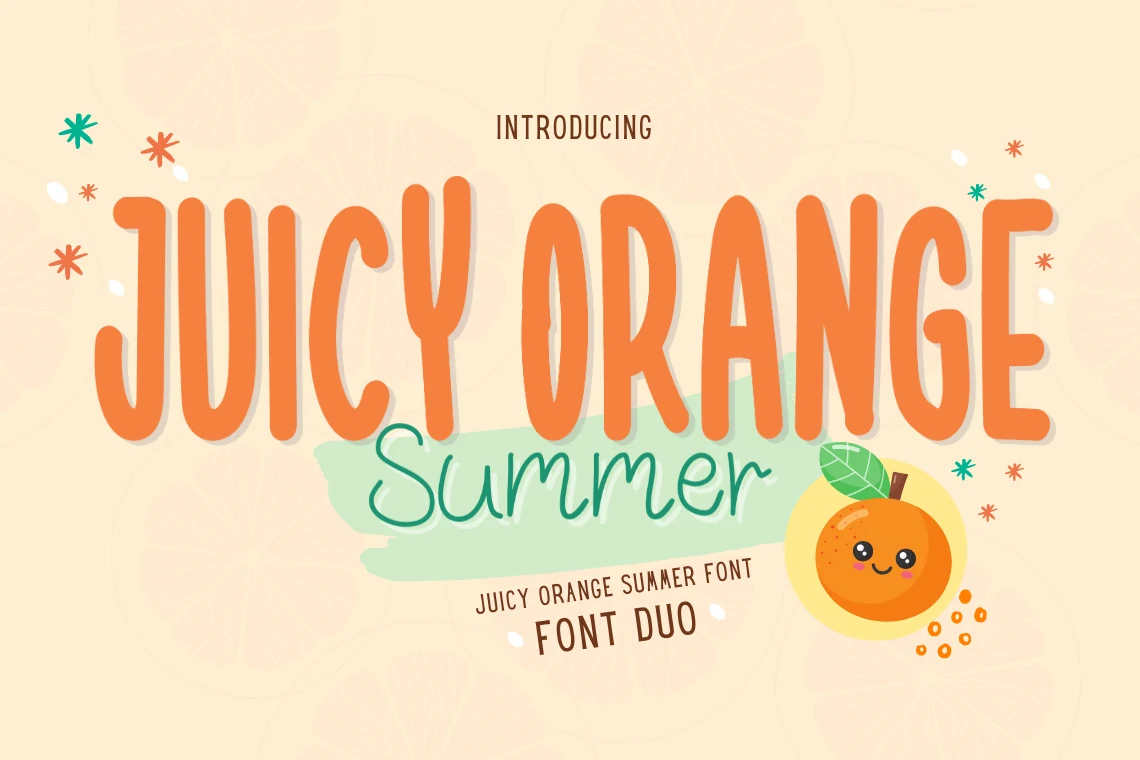 Juicy Orange Summer Font preview with tall orange display lettering and green handwritten script