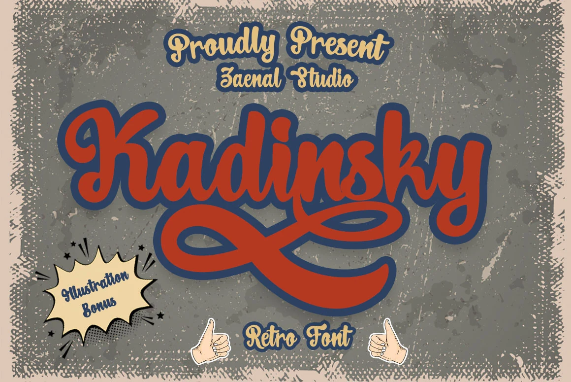Kadinsky Font preview with bold retro script lettering, thick curves, and a long swash underline