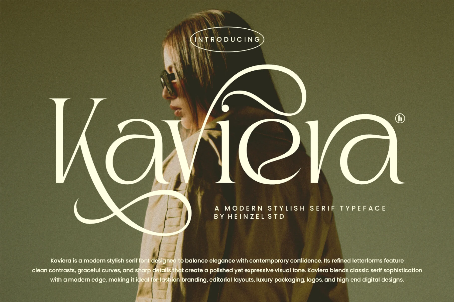 Kaviera Font preview with elegant serif lettering and sweeping swash for fashion branding