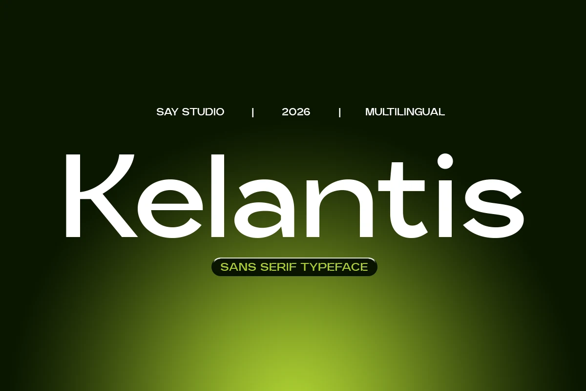 Kelantis Font preview with clean white sans serif lettering and rounded modern forms