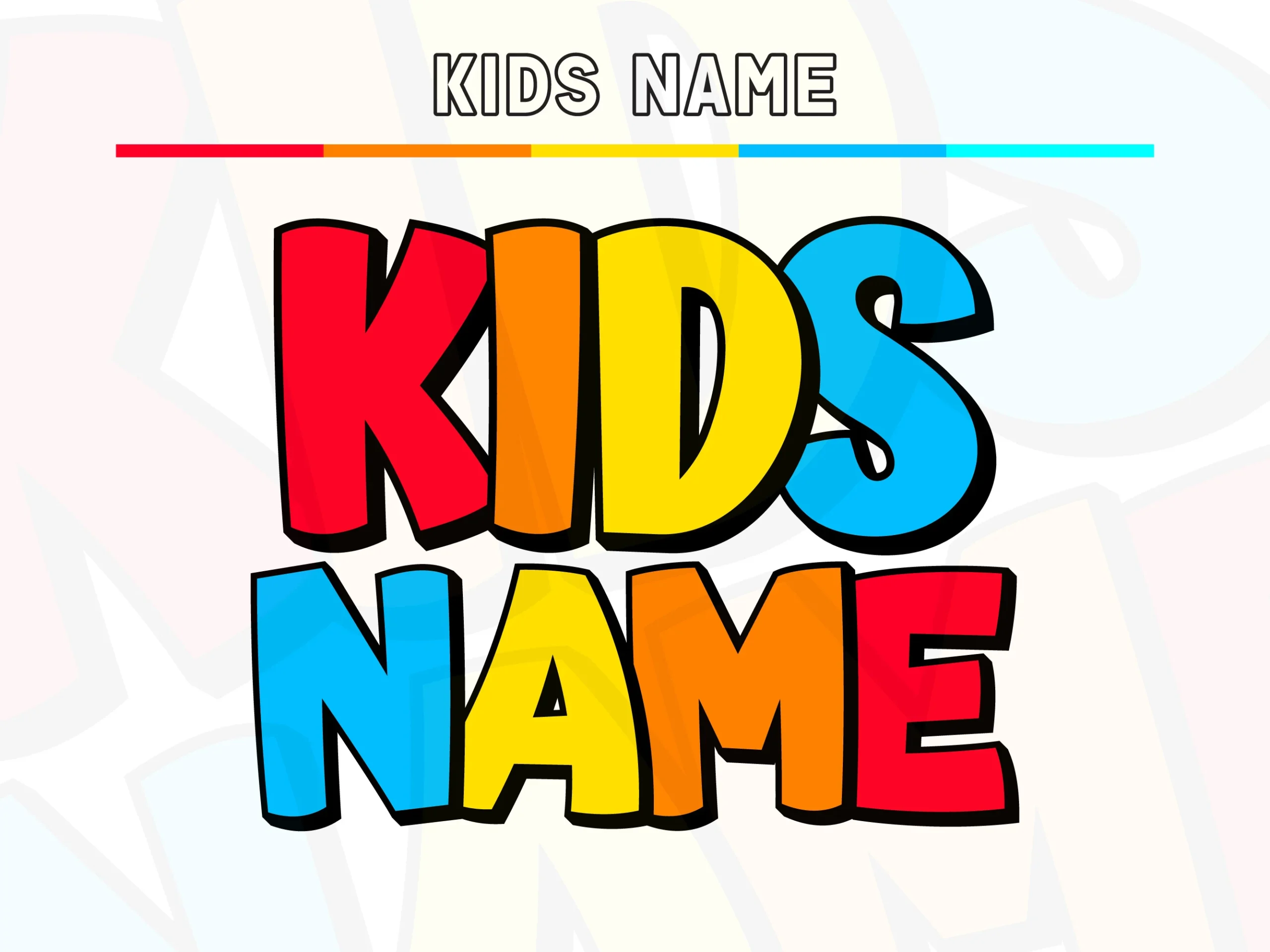 Kids Name Font preview with chunky multicolor block letters and thick black outline