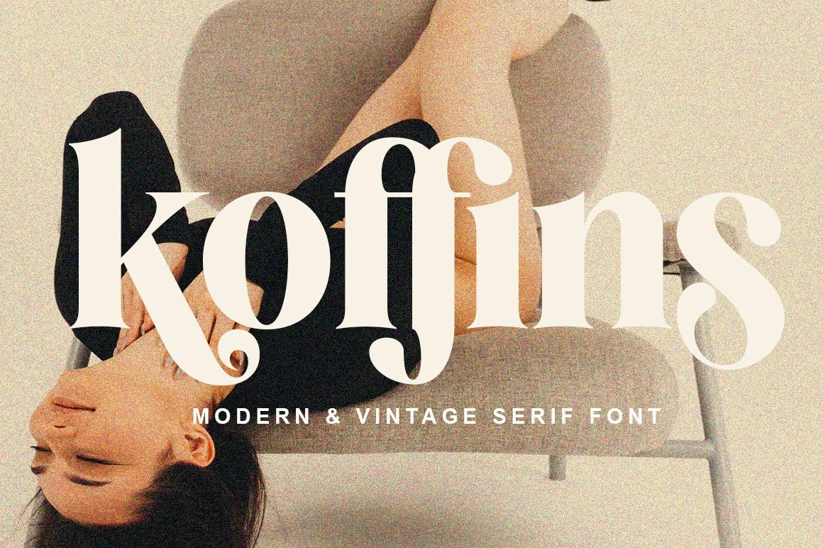 Koffins Font preview with bold vintage serif lettering and curled terminals