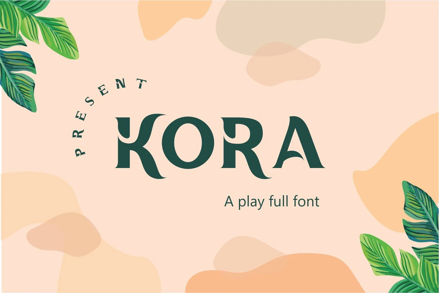 Kora Font preview with dark green tropical serif lettering, broken accent details, and elegant high-contrast shapes