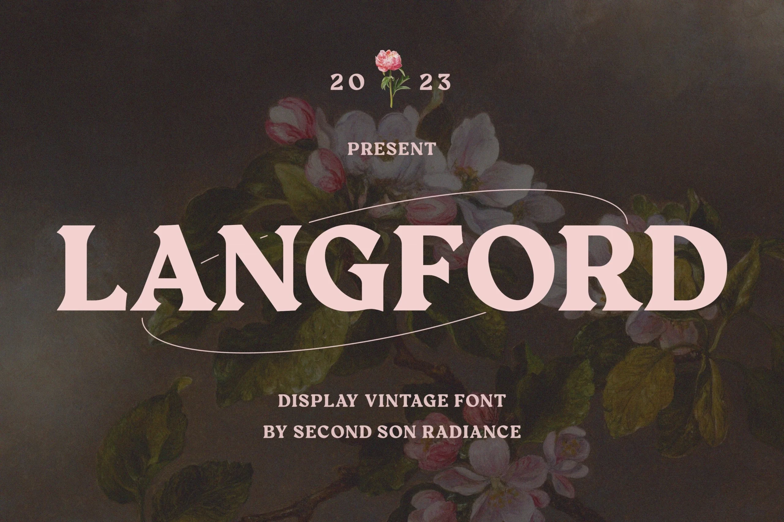 Langford Font preview with bold vintage serif lettering, chunky serifs, and pale pink uppercase text