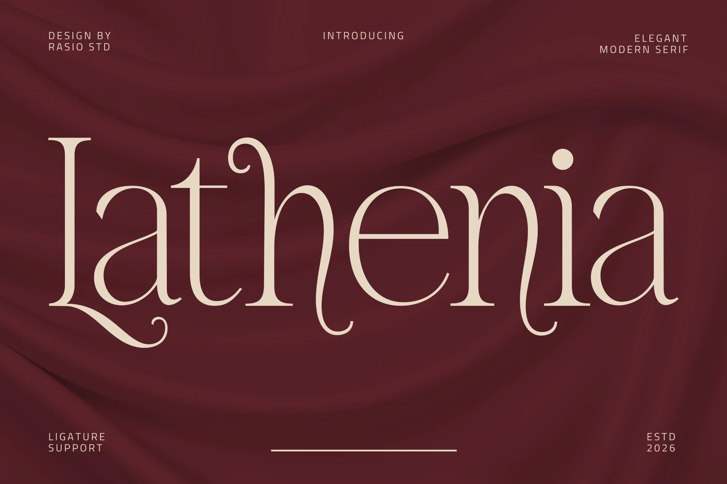 Lathenia Font preview with elegant modern serif lettering, long curves, and ligature details