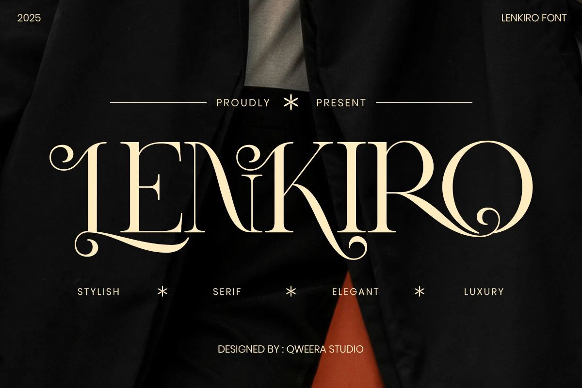 Lenkiro Font preview with cream luxury serif lettering, curled swashes, and high-contrast strokes