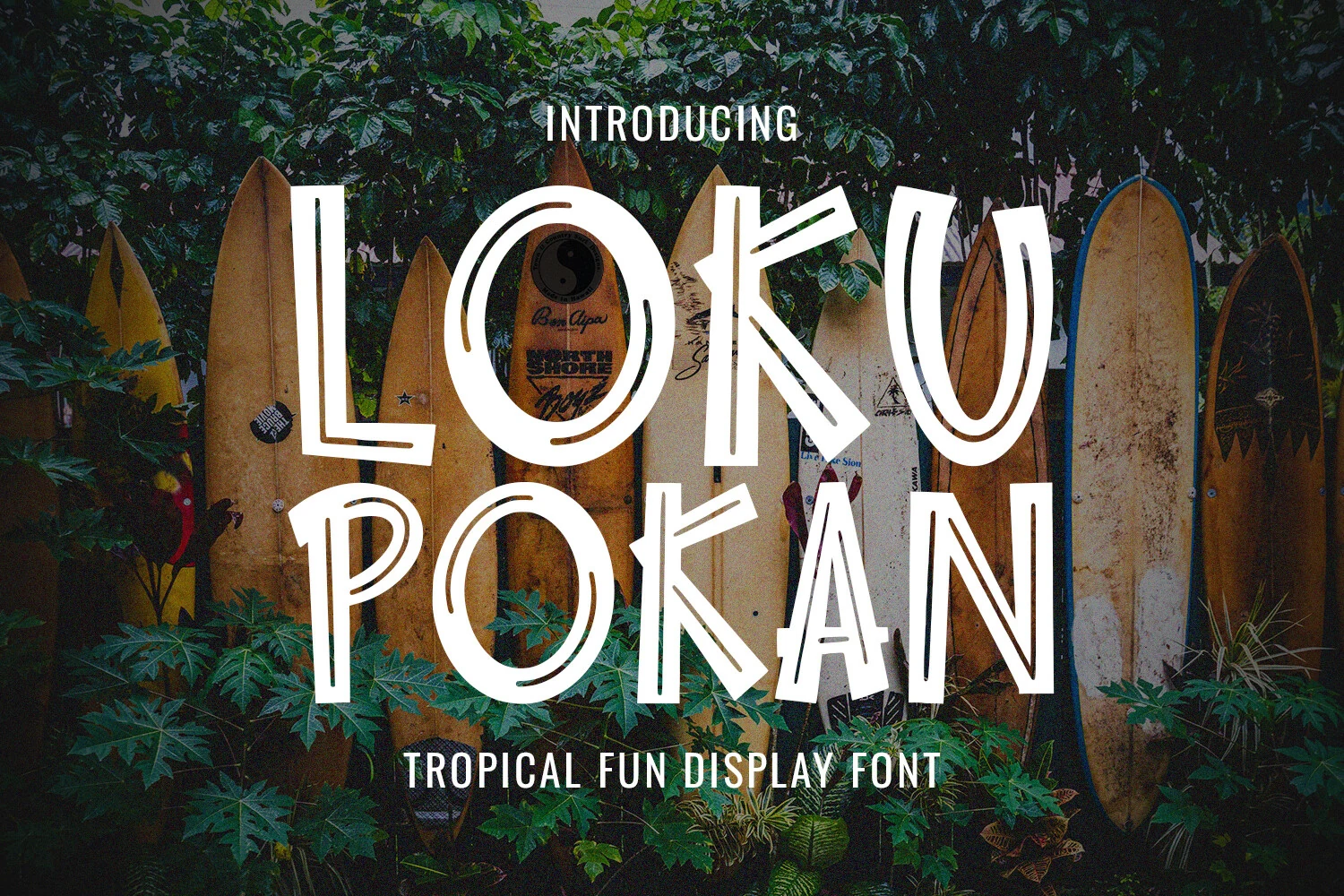 Loku Pokan Font preview with bold white tropical display lettering, uneven uppercase shapes, and inline cutouts
