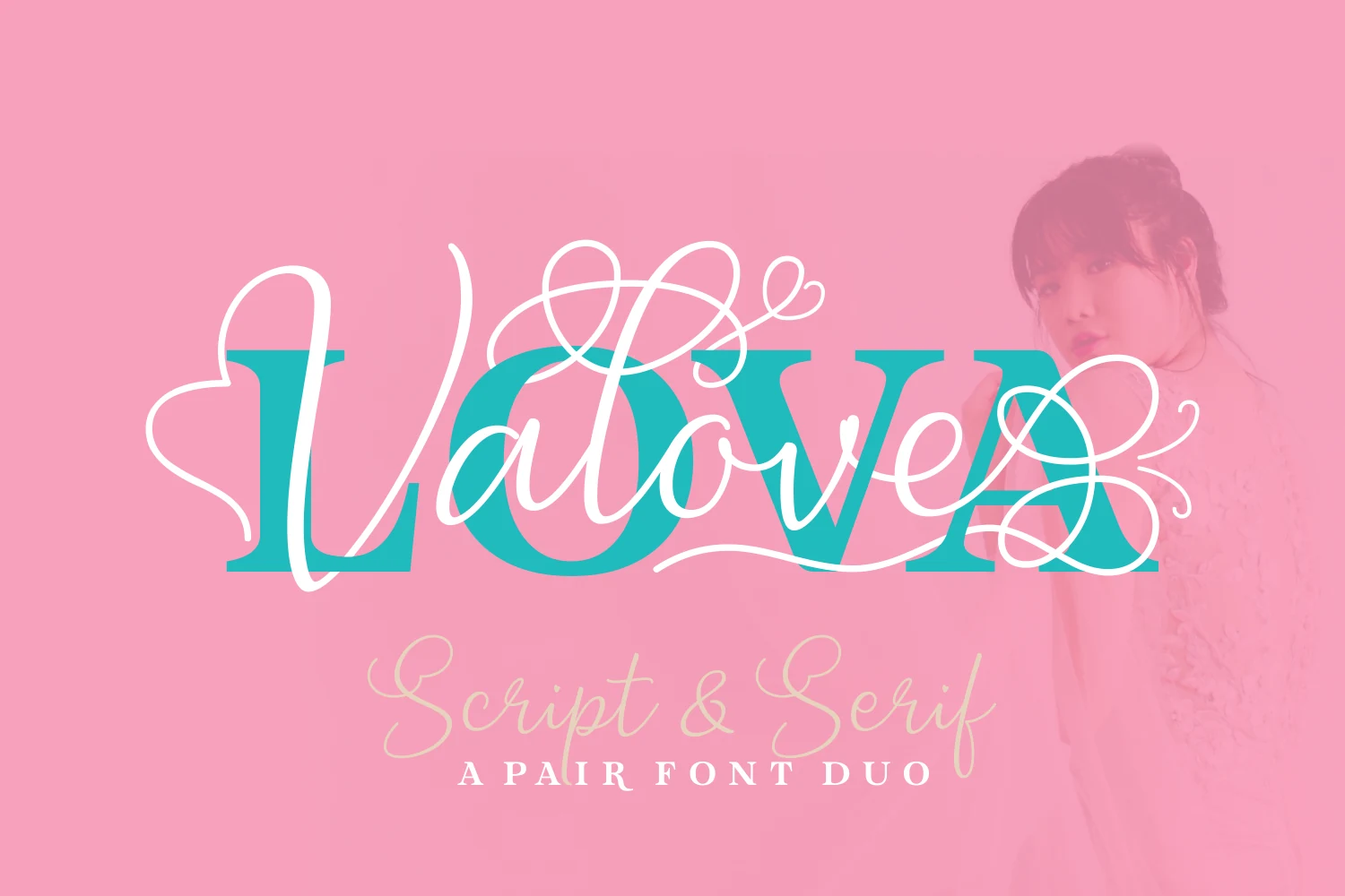 Lova Valove Duo Font bold teal serif with white looping script and heart swashes