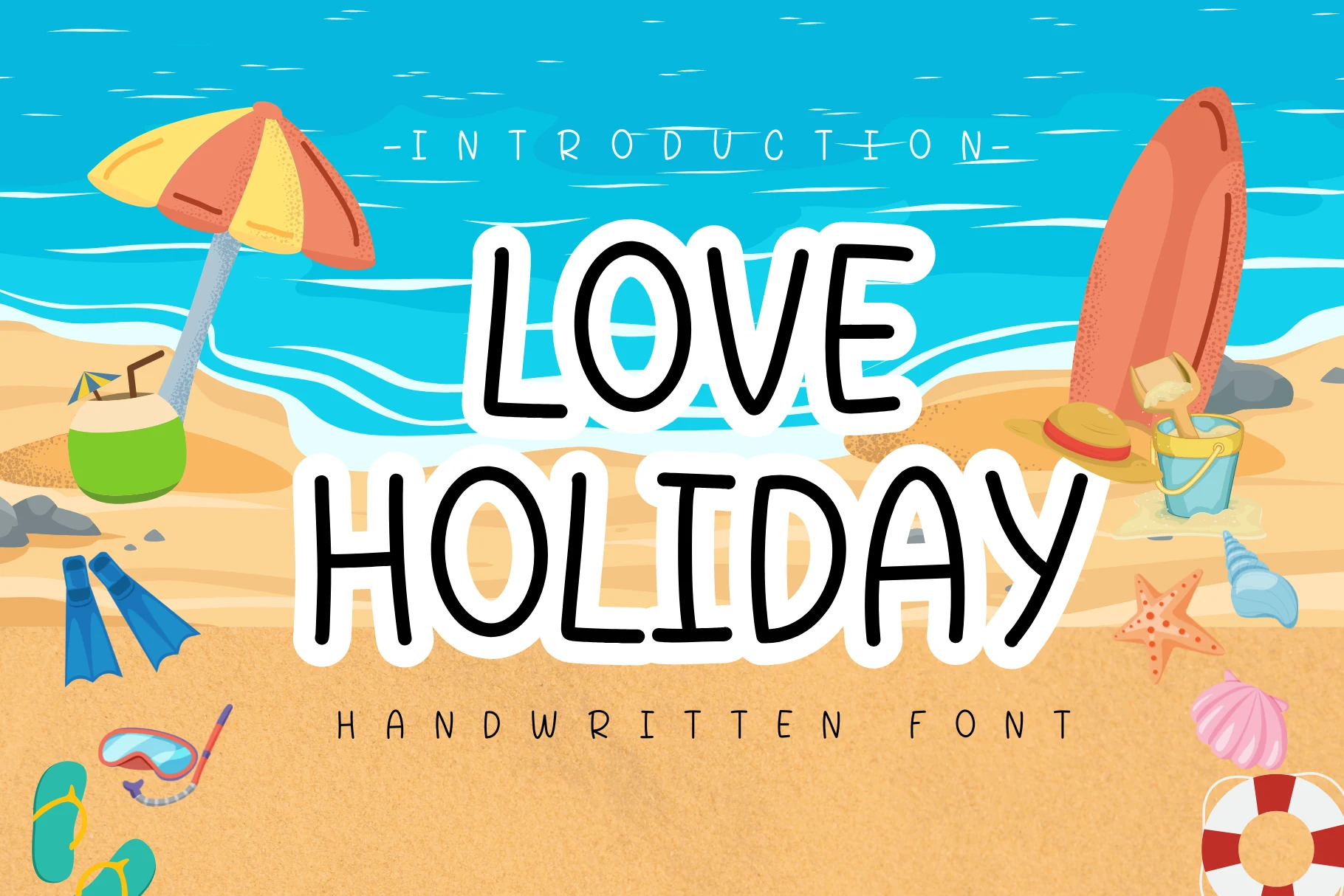 Love Holiday Font preview with tall black handwritten letters outlined in white over a beach scene