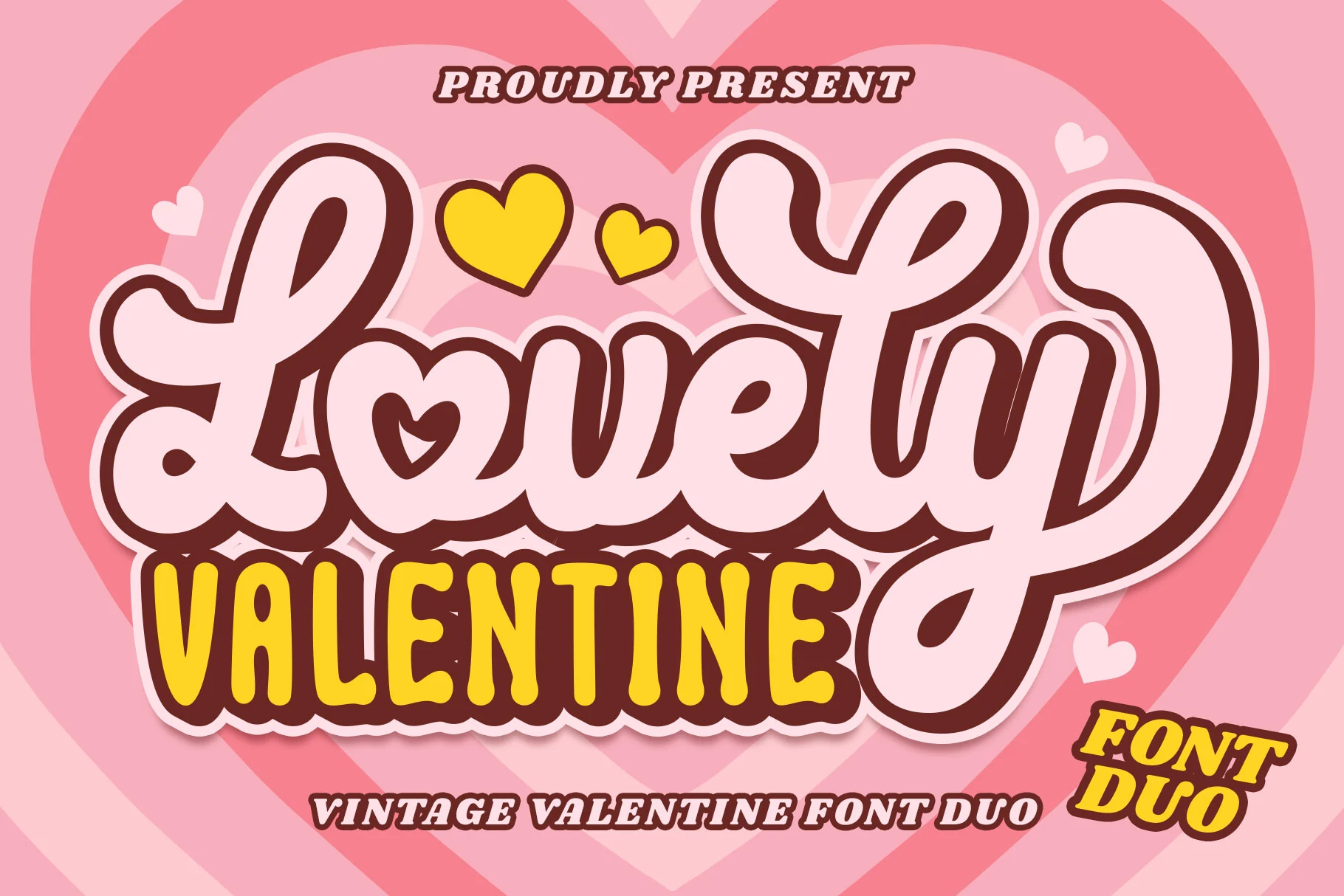 Lovely Valentine Font preview with bold retro script, rounded display letters, and heart details