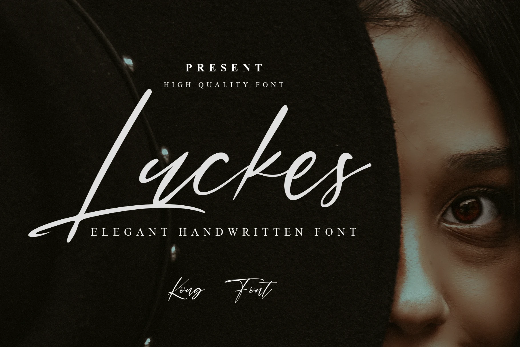 Luckes Font preview in thin elegant white handwritten script with a long swash