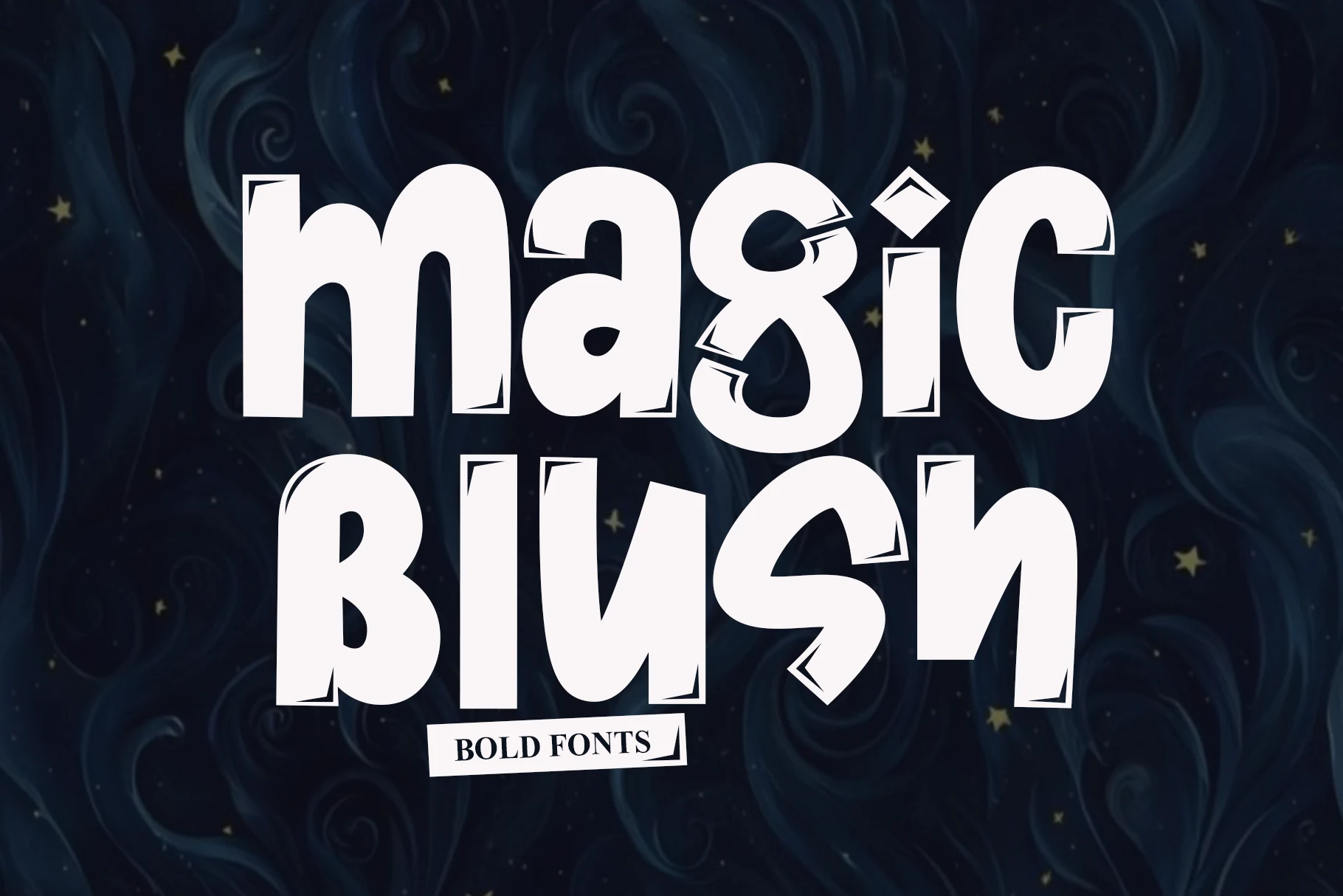 Magic Blush Font preview with tall bold white whimsical lettering