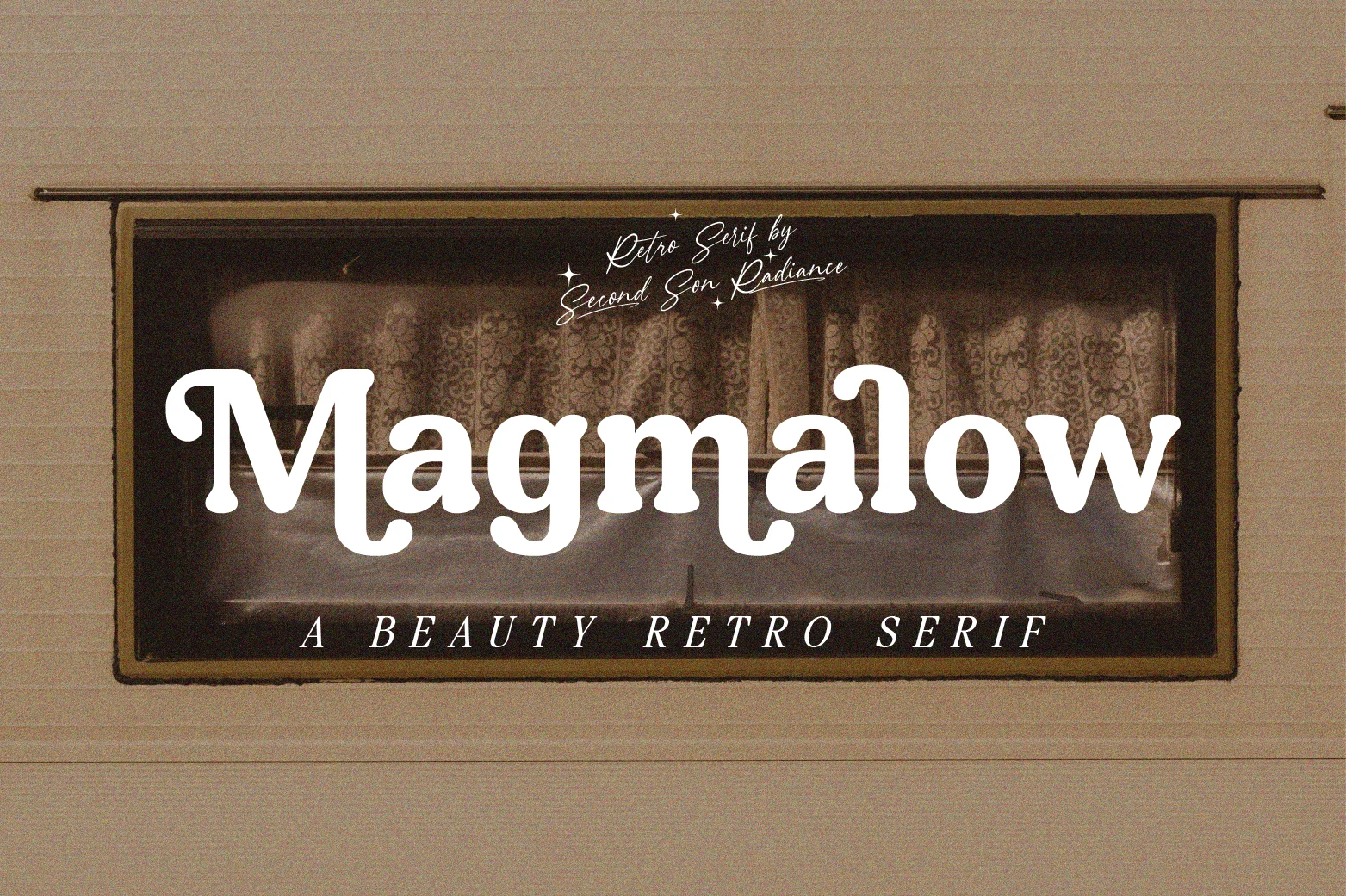 Magmalow Font preview with rounded retro serif lettering, soft bulbous terminals, and white vintage title text